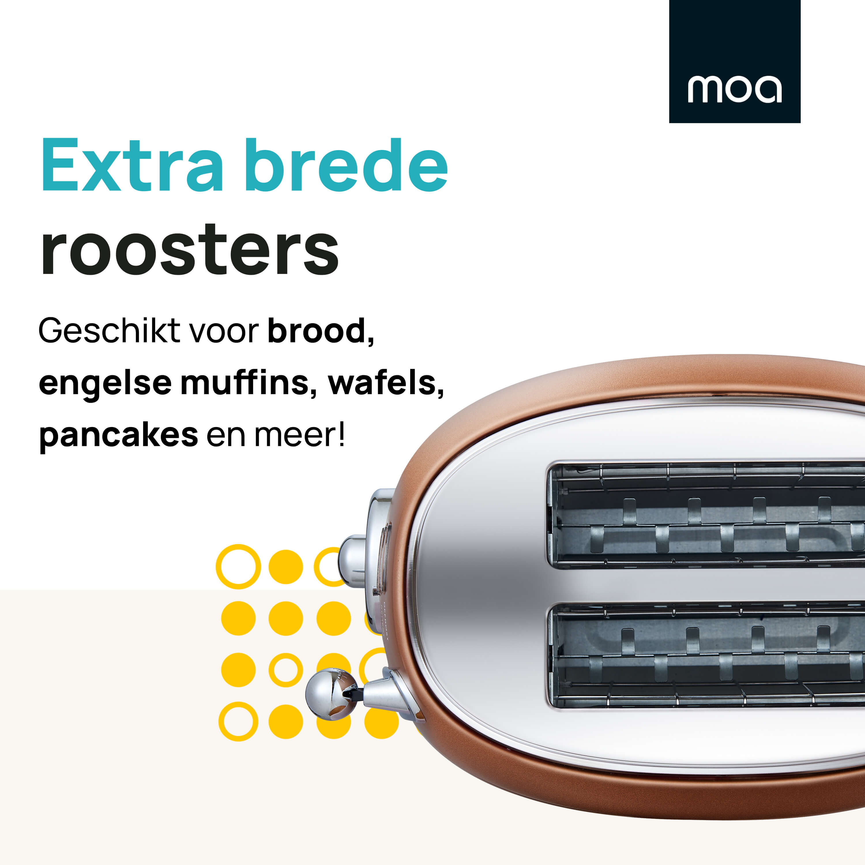 Broodrooster met extra brede sleuven, tekst die het gebruik promoot.