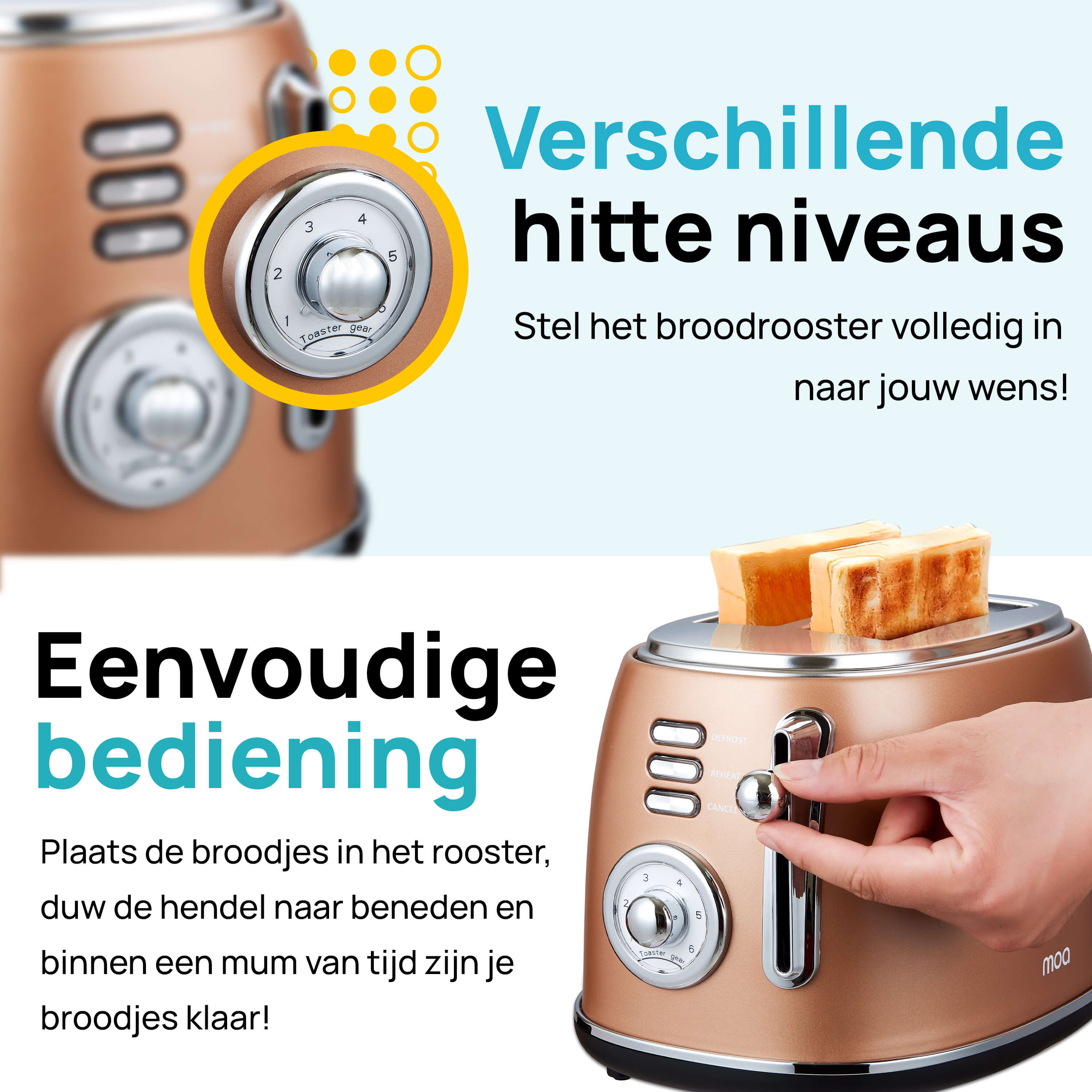 Broodrooster met brood. Tekst luidt 'Verschillende hitte niveaus' en 'Eenvoudige bediening'.