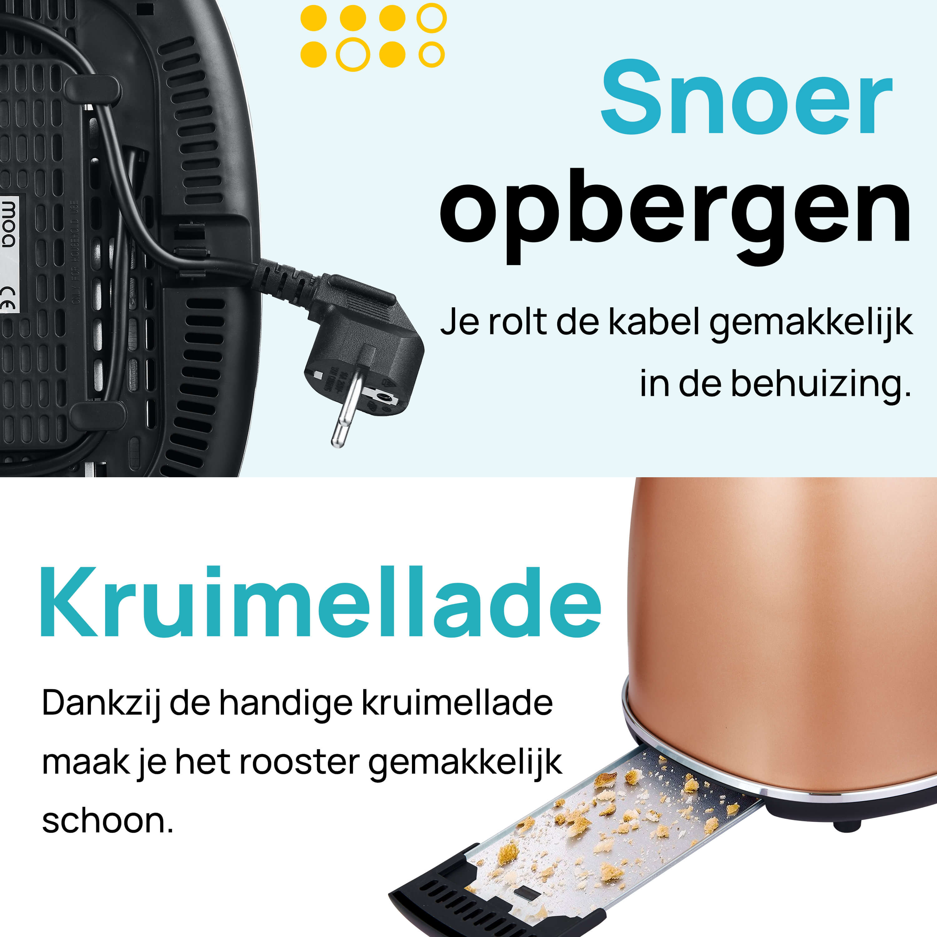 Broodroosterdetail met kruimellade en stekker. Tekst: 'Snoer opbergen' en 'Kruimellade'.