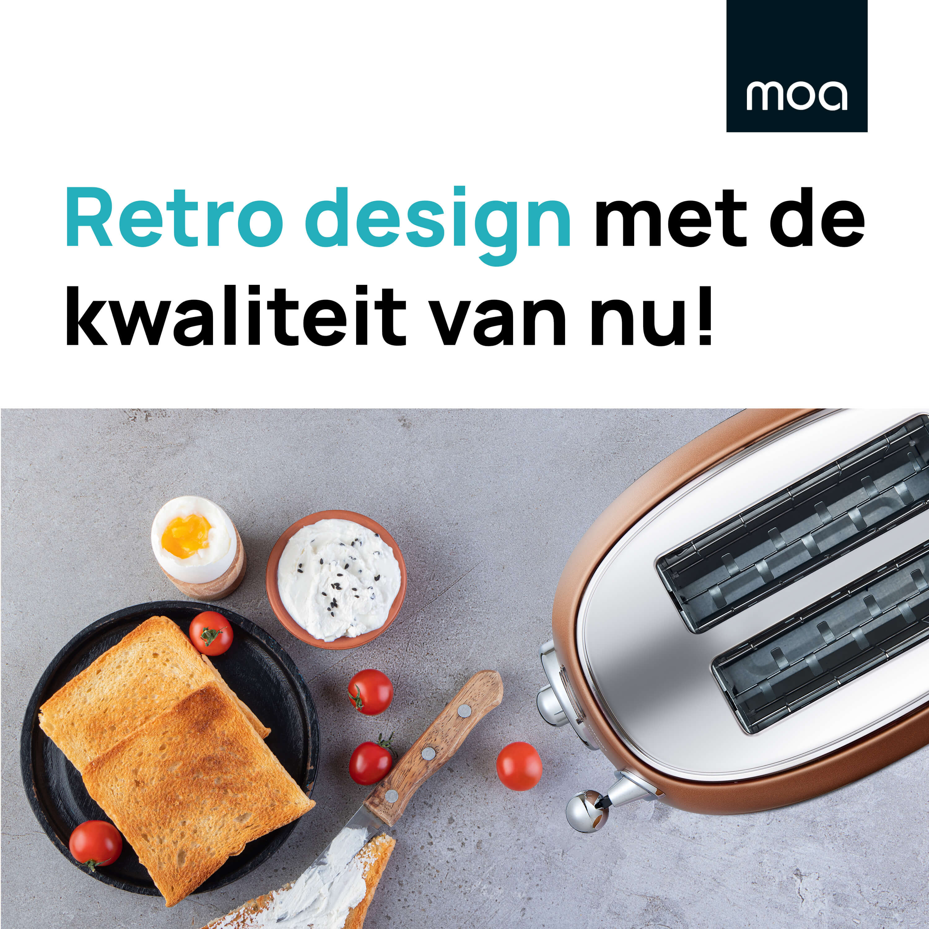 Broodrooster met toast en tomaten, een bord met eten en tekst over retro design.