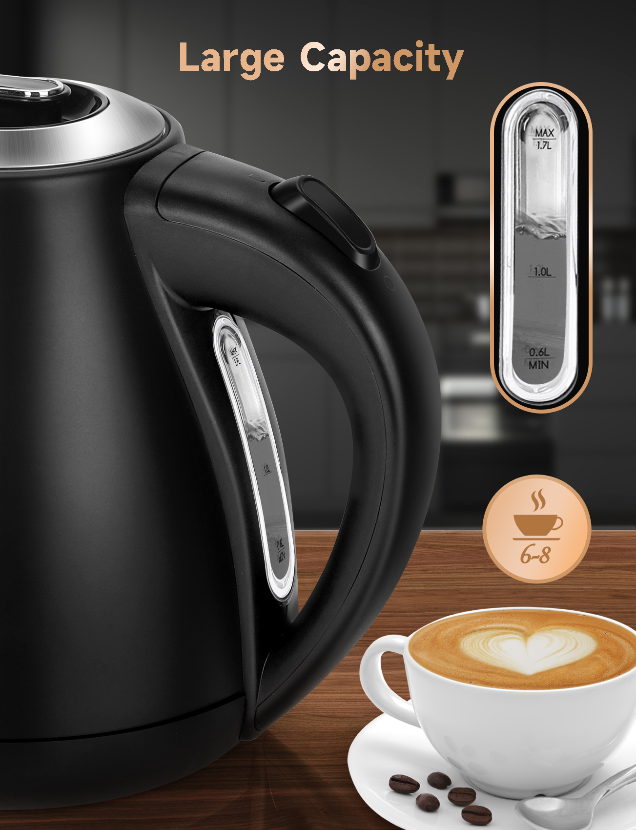 Primo piano di un bollitore elettrico nero con una tazza di caffè. Il testo dice: 'Large Capacity'.