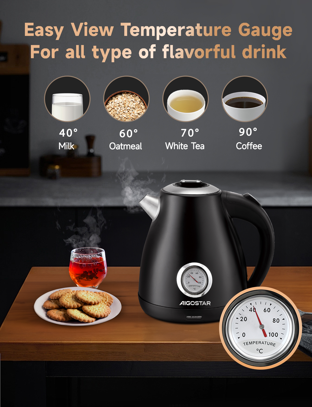 Bollitore nero con termometro. Mostra le temperature per latte, farina d'avena, tè bianco e caffè.