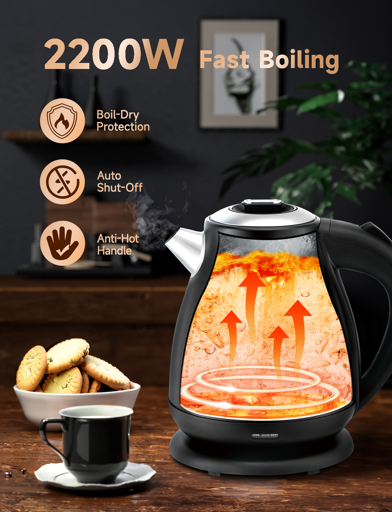 Bollitore nero con acqua bollente all'interno, con caratteristiche e testo.