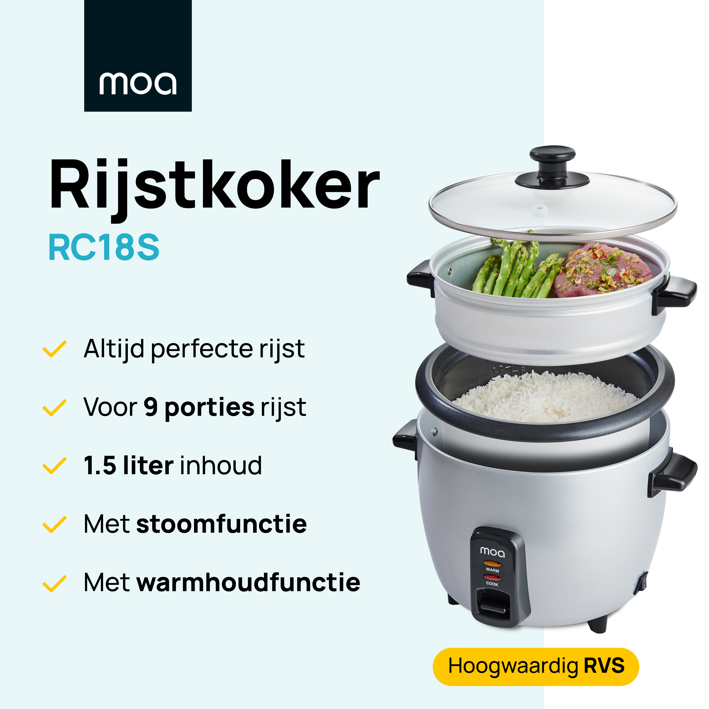 Rice cooker with text, rice, and asparagus inside, with a logo on a white background.