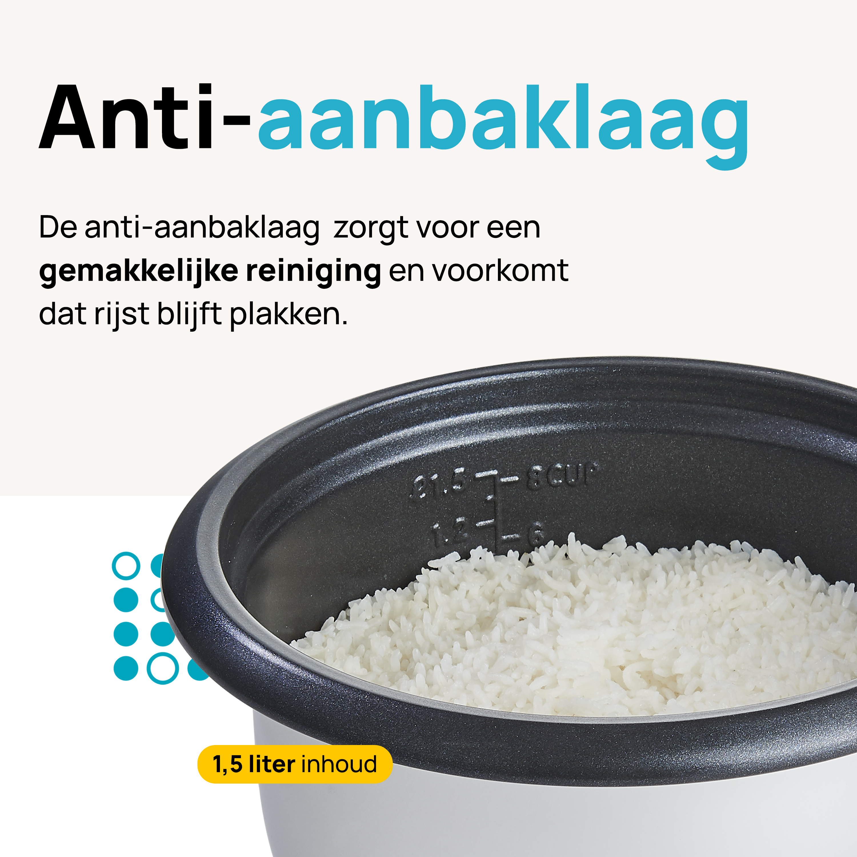 Rice cooker with rice inside, and text about the non-stick coating.