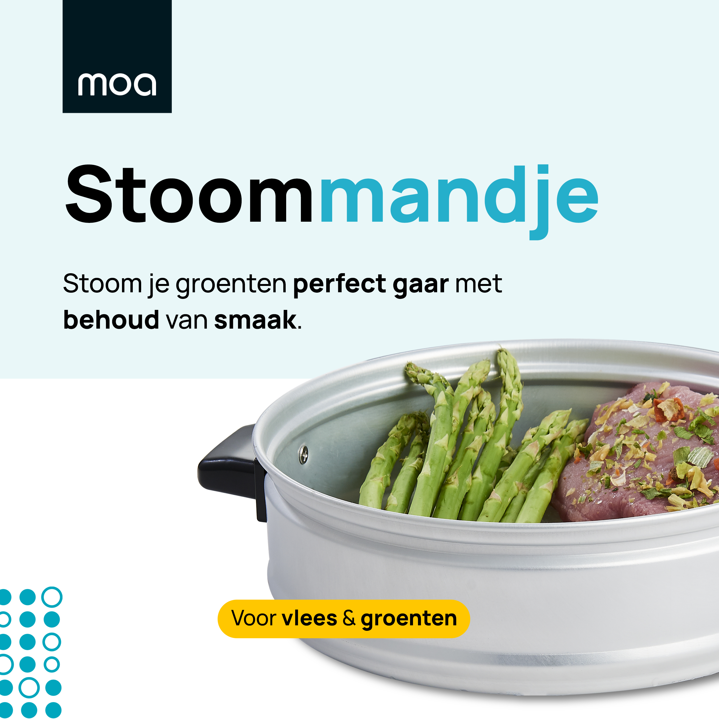Steaming basket with asparagus and food inside, on a white background, with a logo.