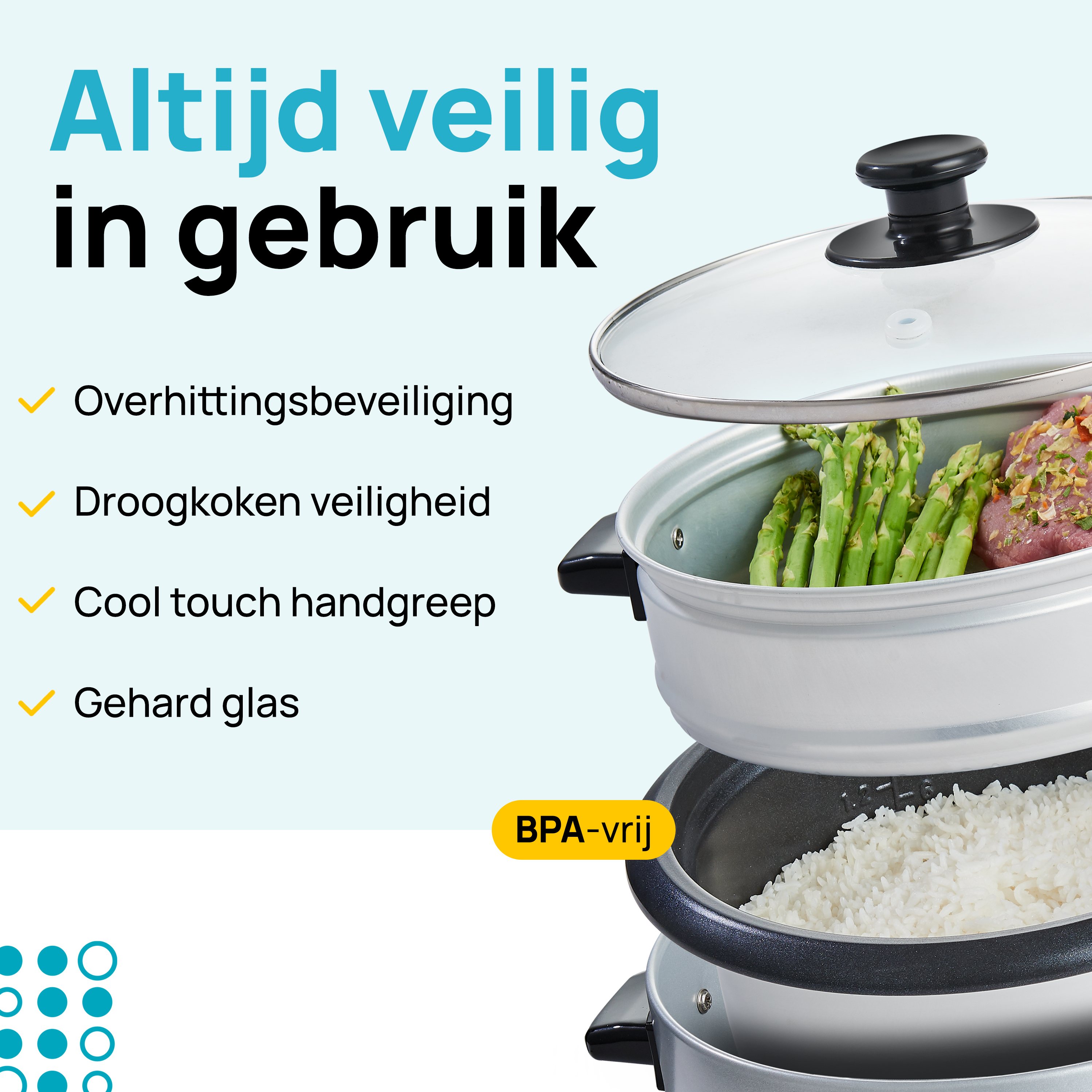 Rice cooker with vegetables and rice. Text says 'Altijd veilig in gebruik' and 'BPA-vrij'.