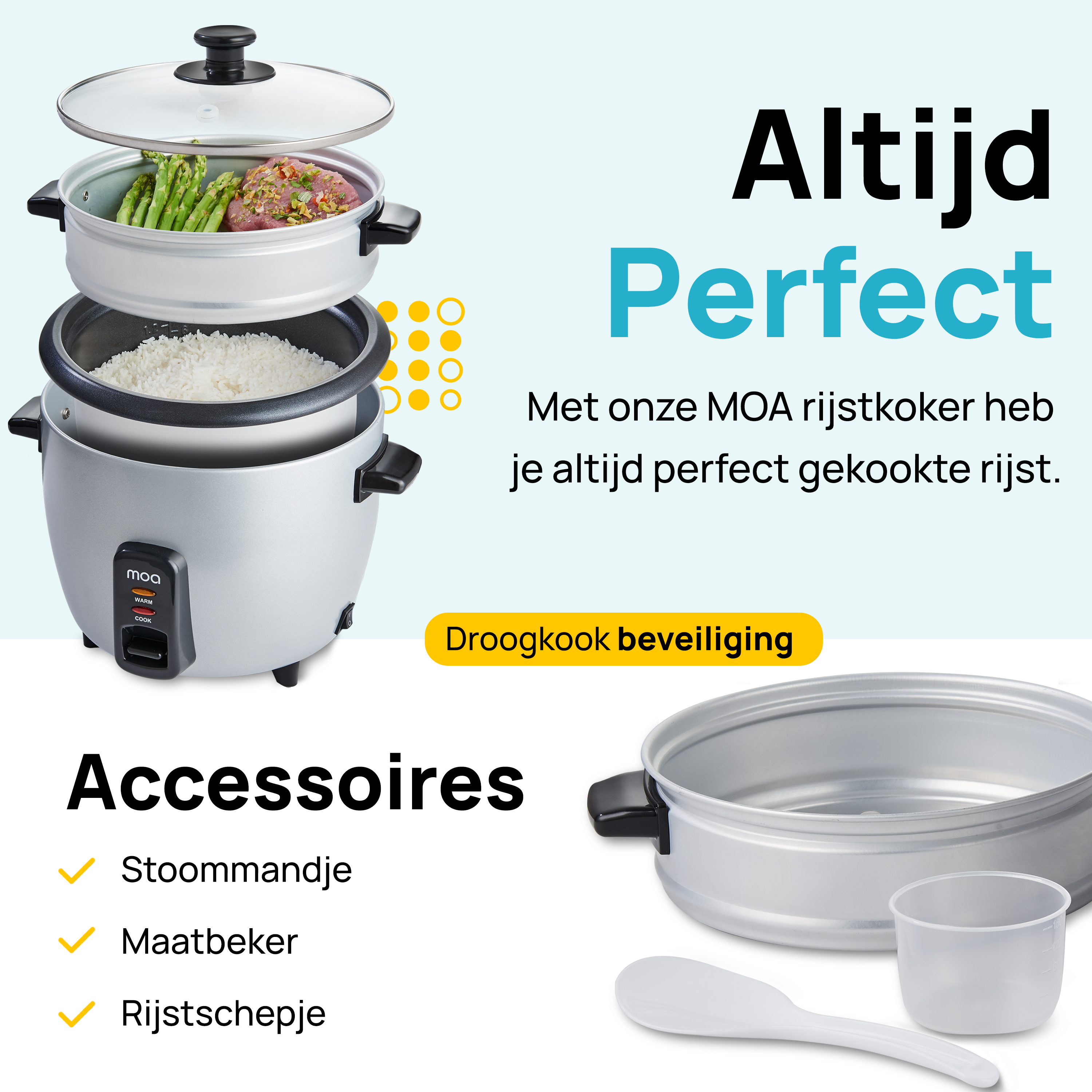 Rice cooker with rice and accessories. Text says: Always perfect.
