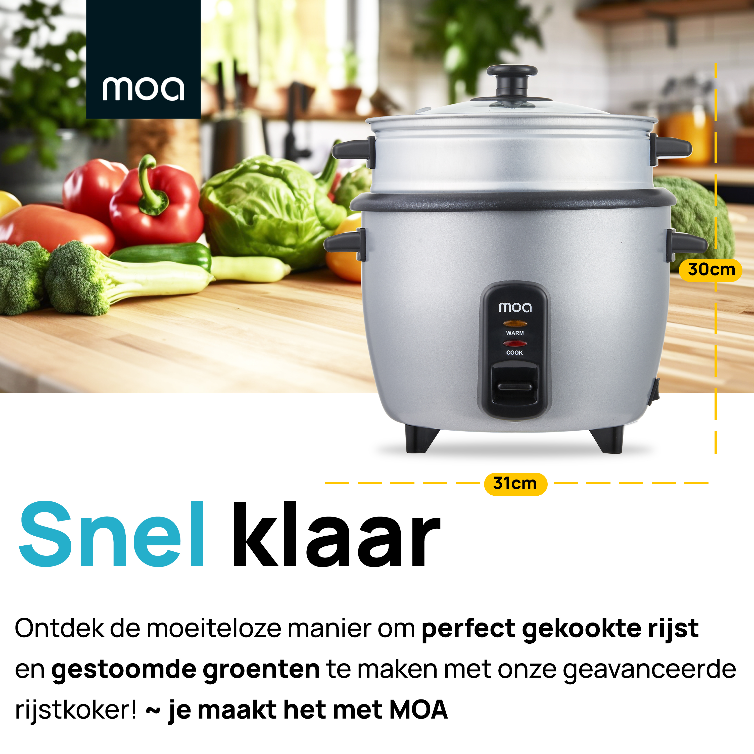 Silver rice cooker with text about perfect cooked rice and steamed vegetables.