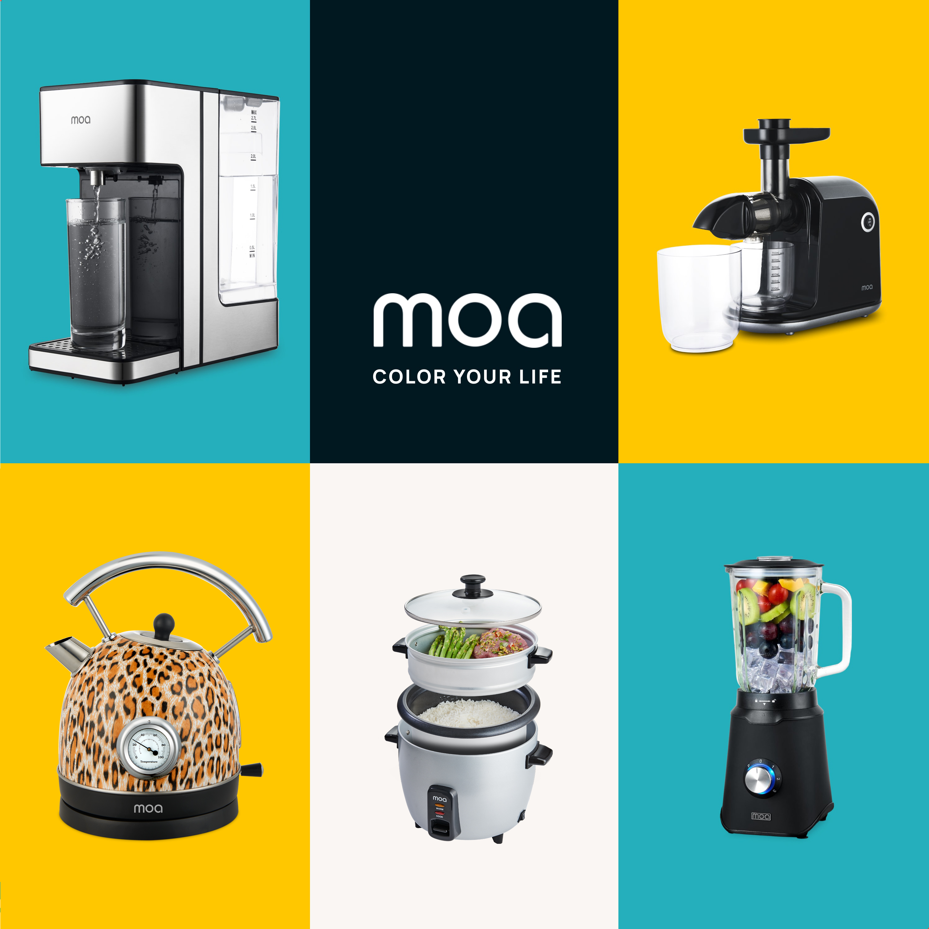 Collage of kitchen appliances including a water filter, juicer, and kettle. Text: Moa, Color your life.