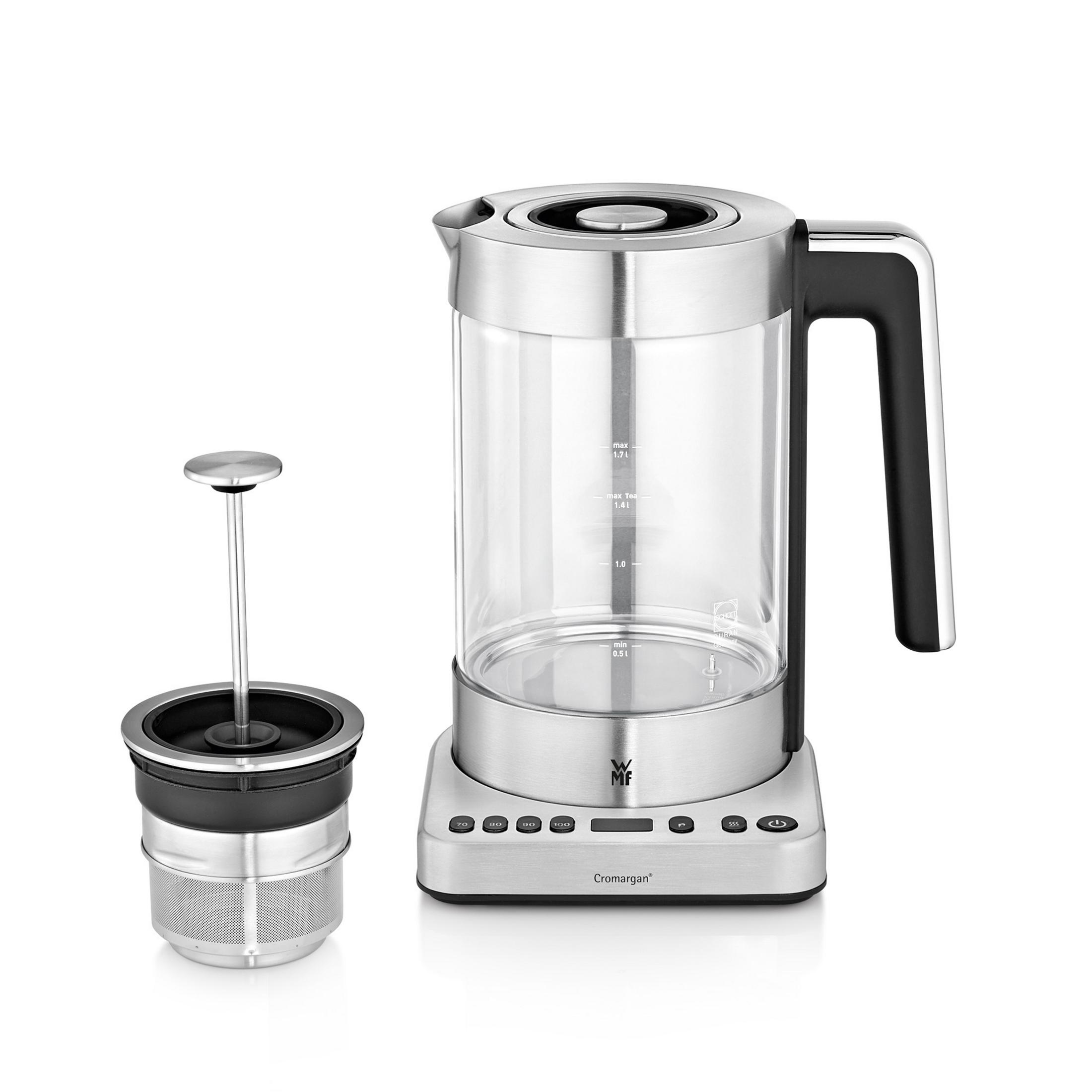 Bollitore elettrico in vetro con base in acciaio inox e infusore per tè.