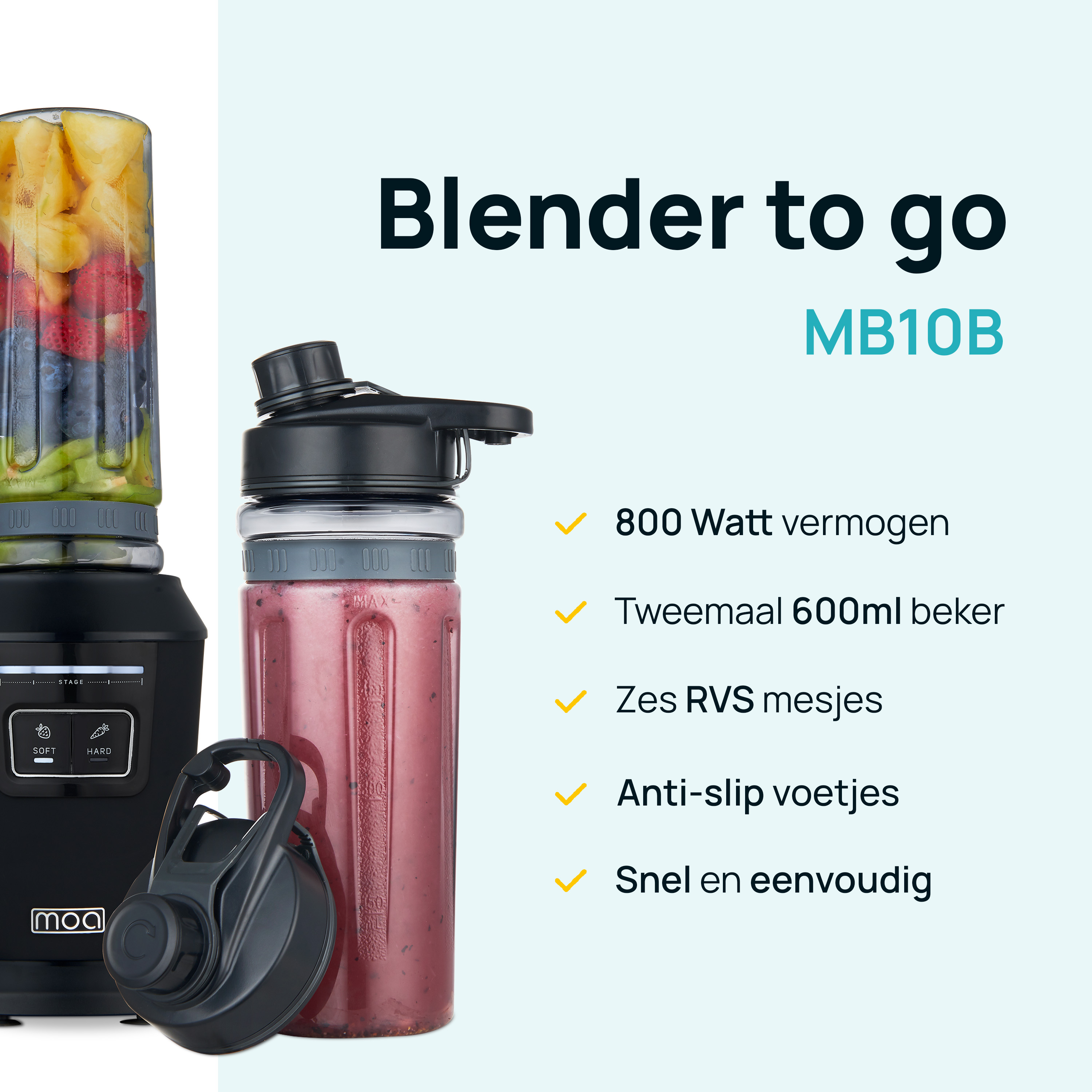 Blender with a smoothie and a bottle. The text says, 'Blender to go MB10B' with features listed.