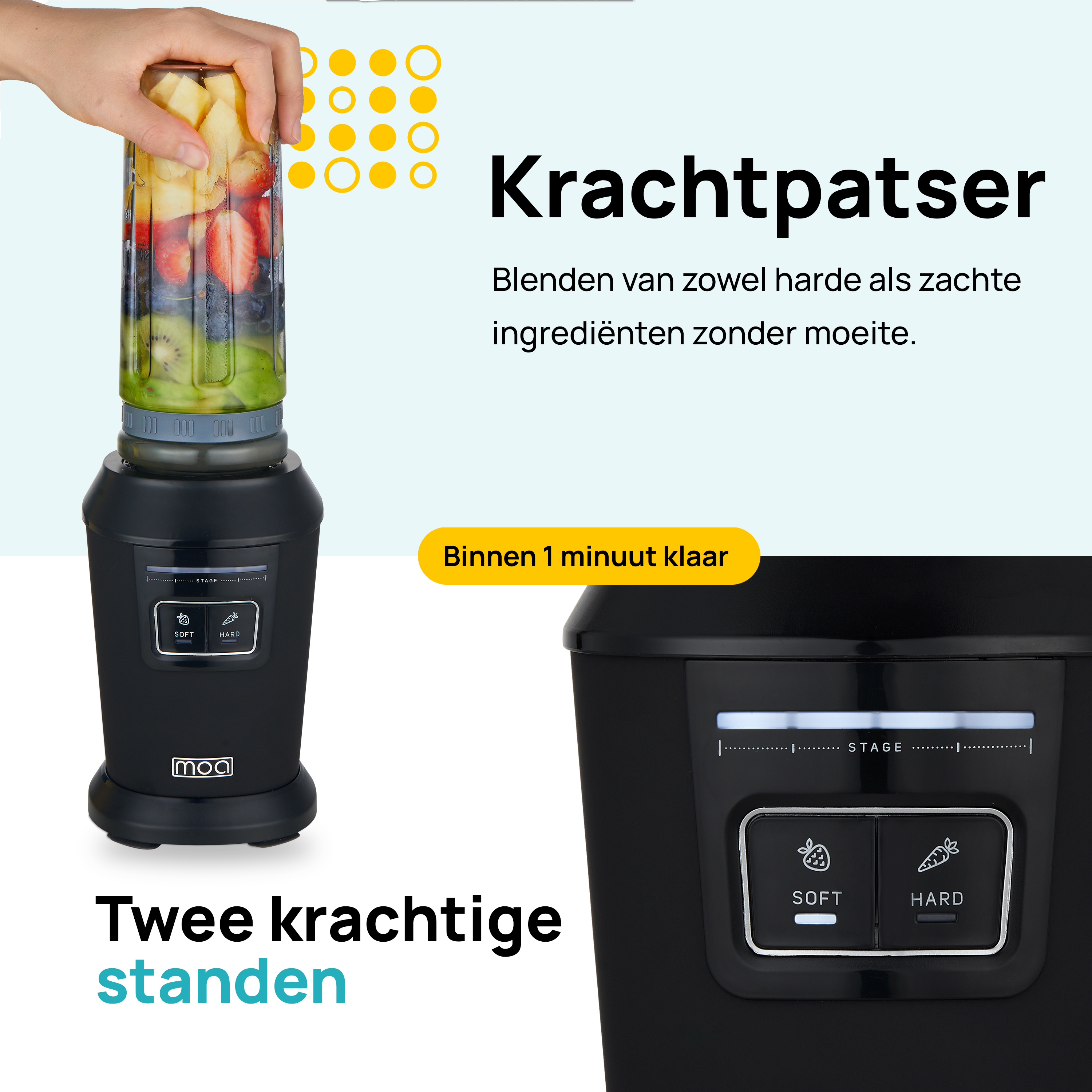 Black blender with fruit and a hand adding more, text and a logo on the black surface.