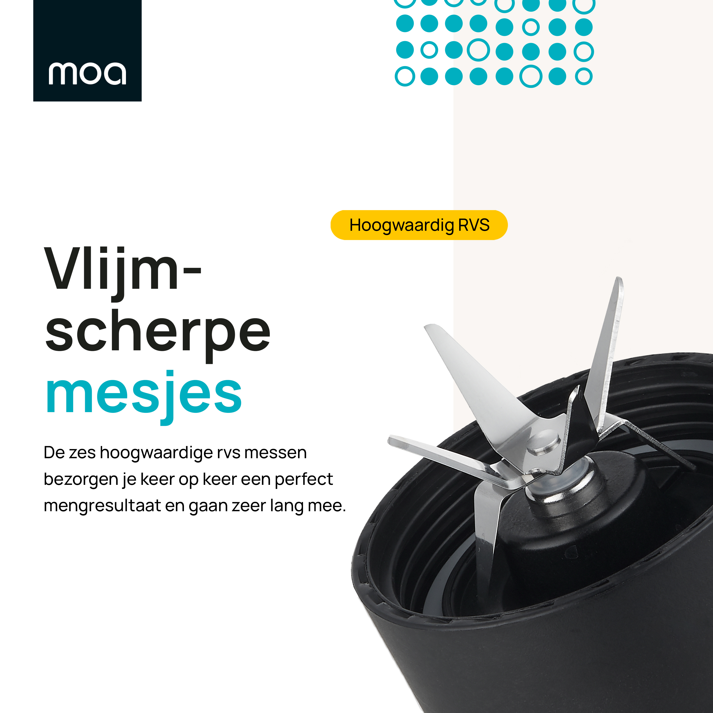 Black blender blades with text and logo, on a black background with the bottom part visible.
