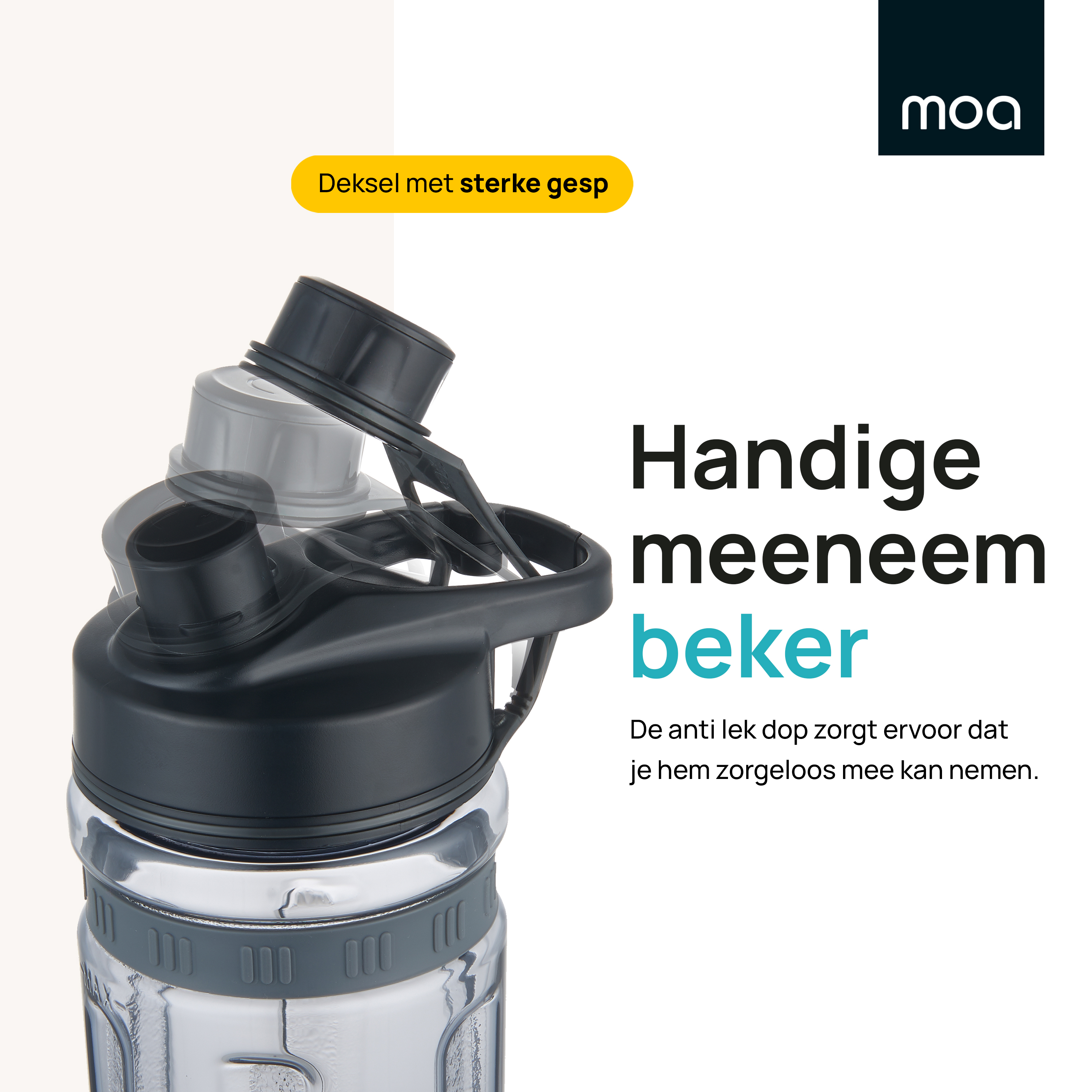 A black water bottle with a black cap. Text: Handige meeneem beker.