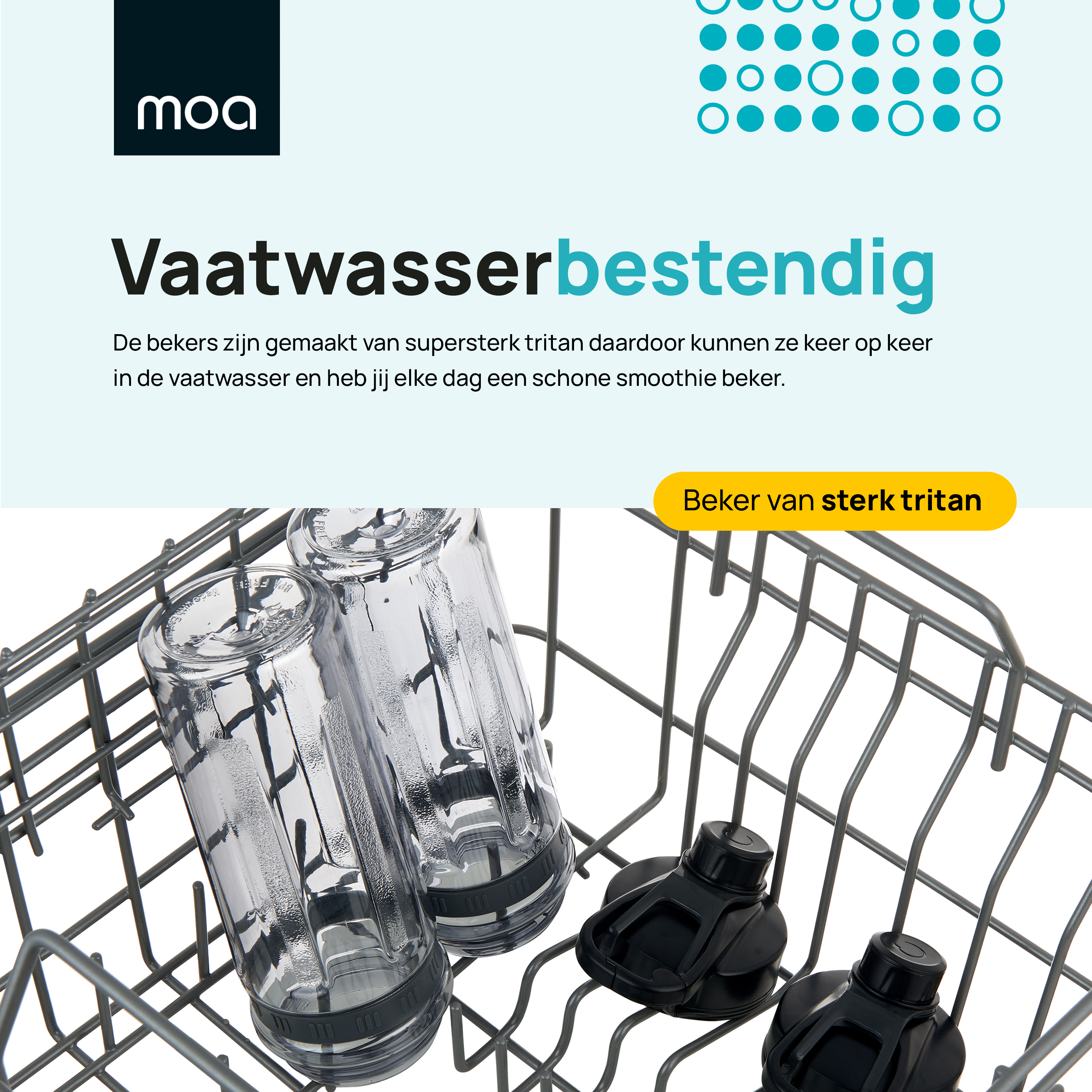 Dishwasher-safe cups in a dishwasher basket, with text about the cups being made of tritan.