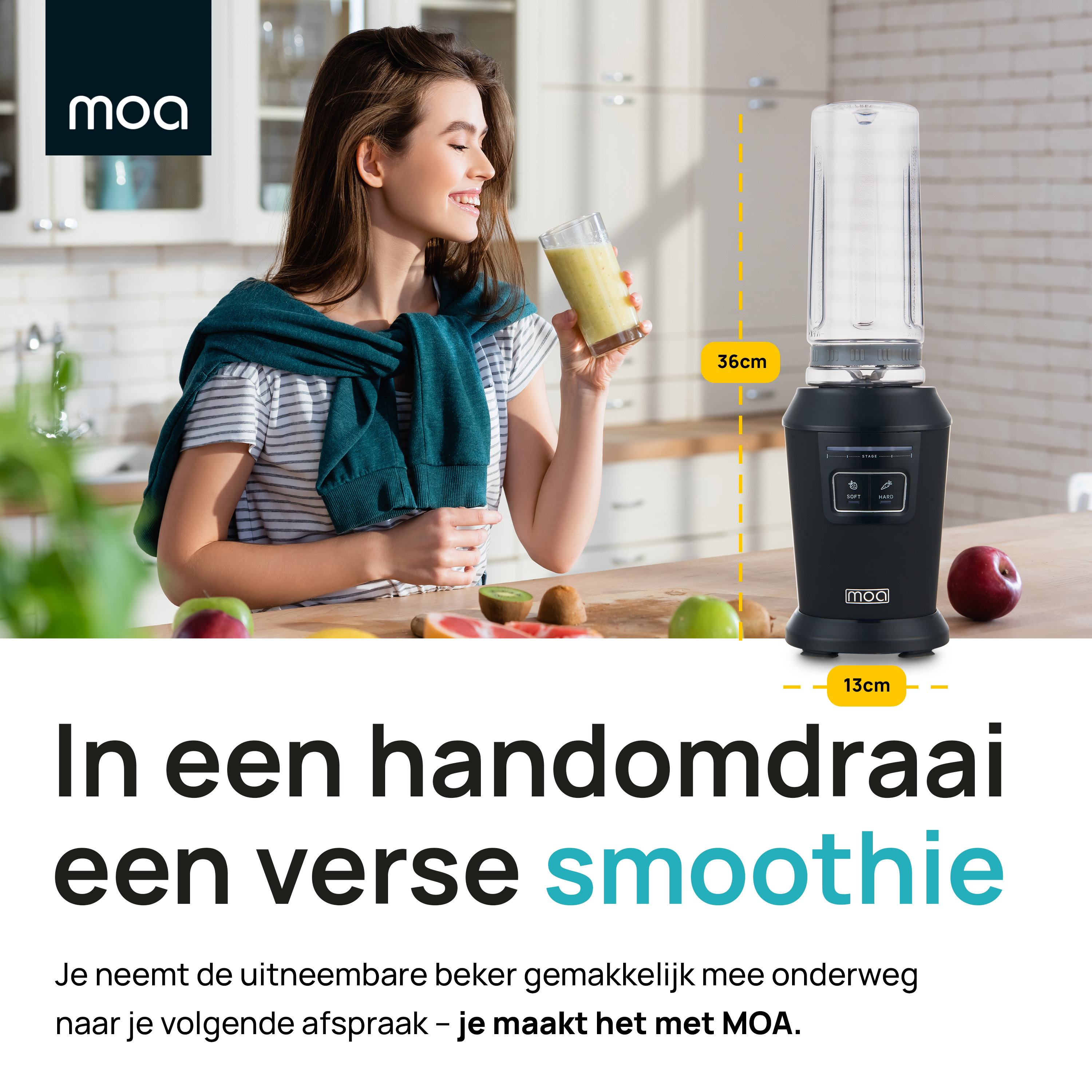 Woman holding a smoothie, black blender with measurements, and text below.