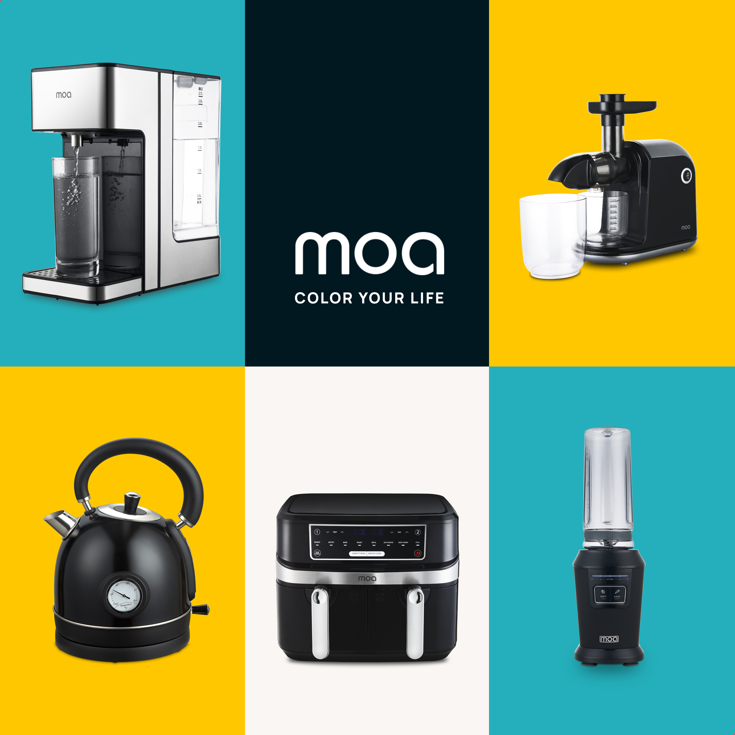 Collage of appliances: water dispenser, juicer, kettle, air fryer, blender. Text says 'Color your life'.