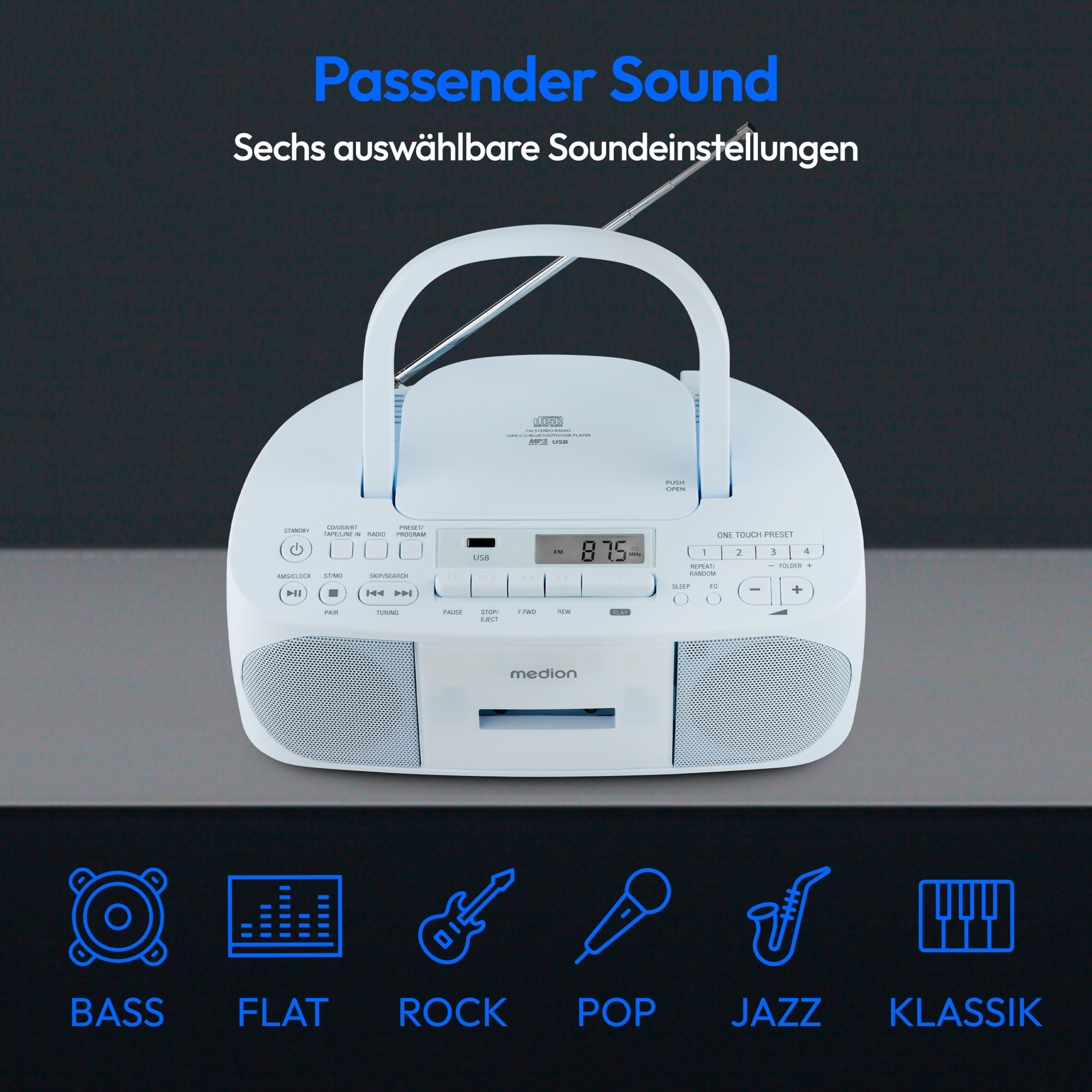 Radio bianca con maniglia. Ha un lettore CD e pulsanti radio. Il testo dice "Passender Sound".