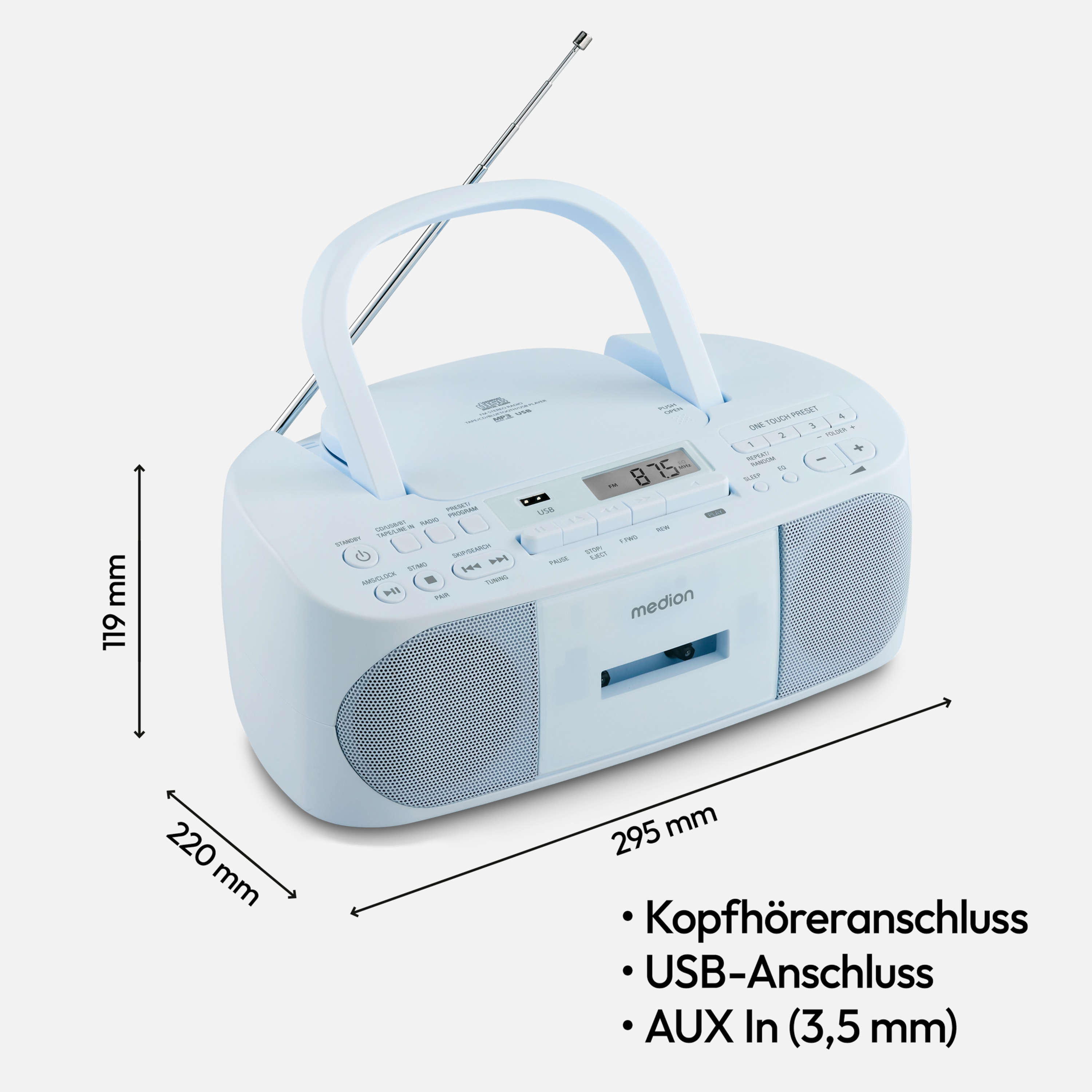 Un boombox bianco e azzurro con maniglia, display e vari pulsanti per le funzioni.
