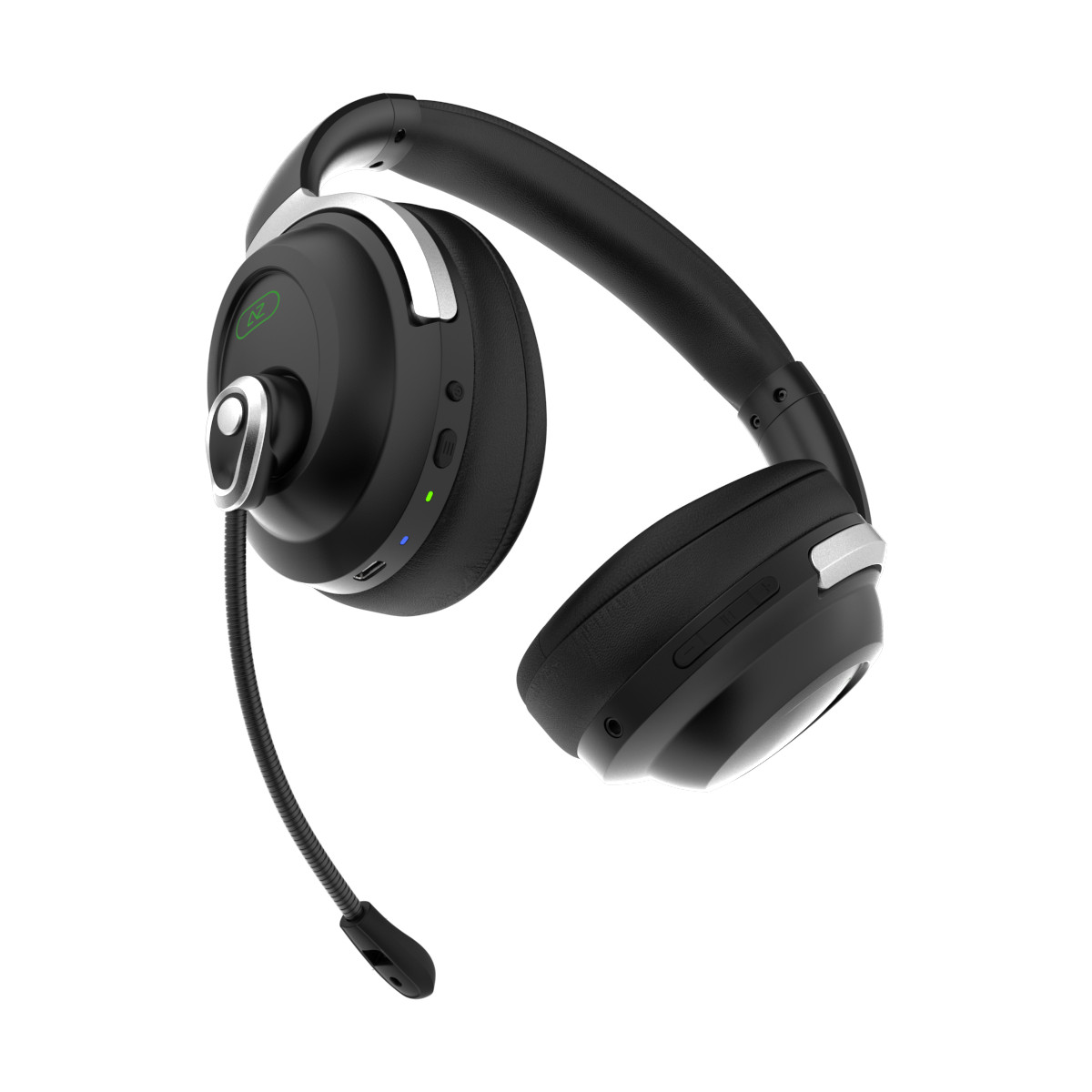 Czarne słuchawki z mikrofonem. Widoczne srebrne akcenty i niebieskie światło.