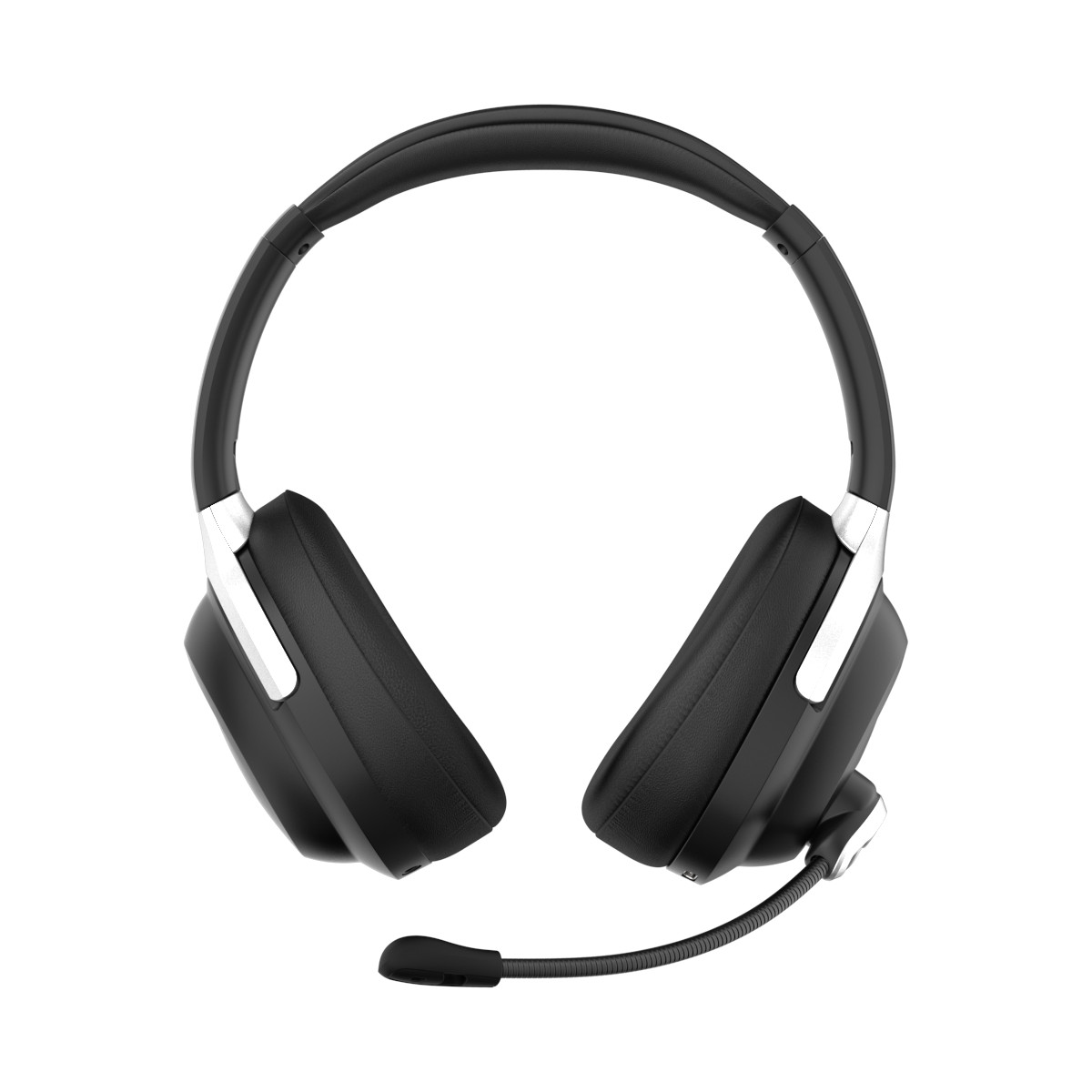 Czarny zestaw słuchawkowy z mikrofonem. Srebrne akcenty na nausznikach, białe tło.