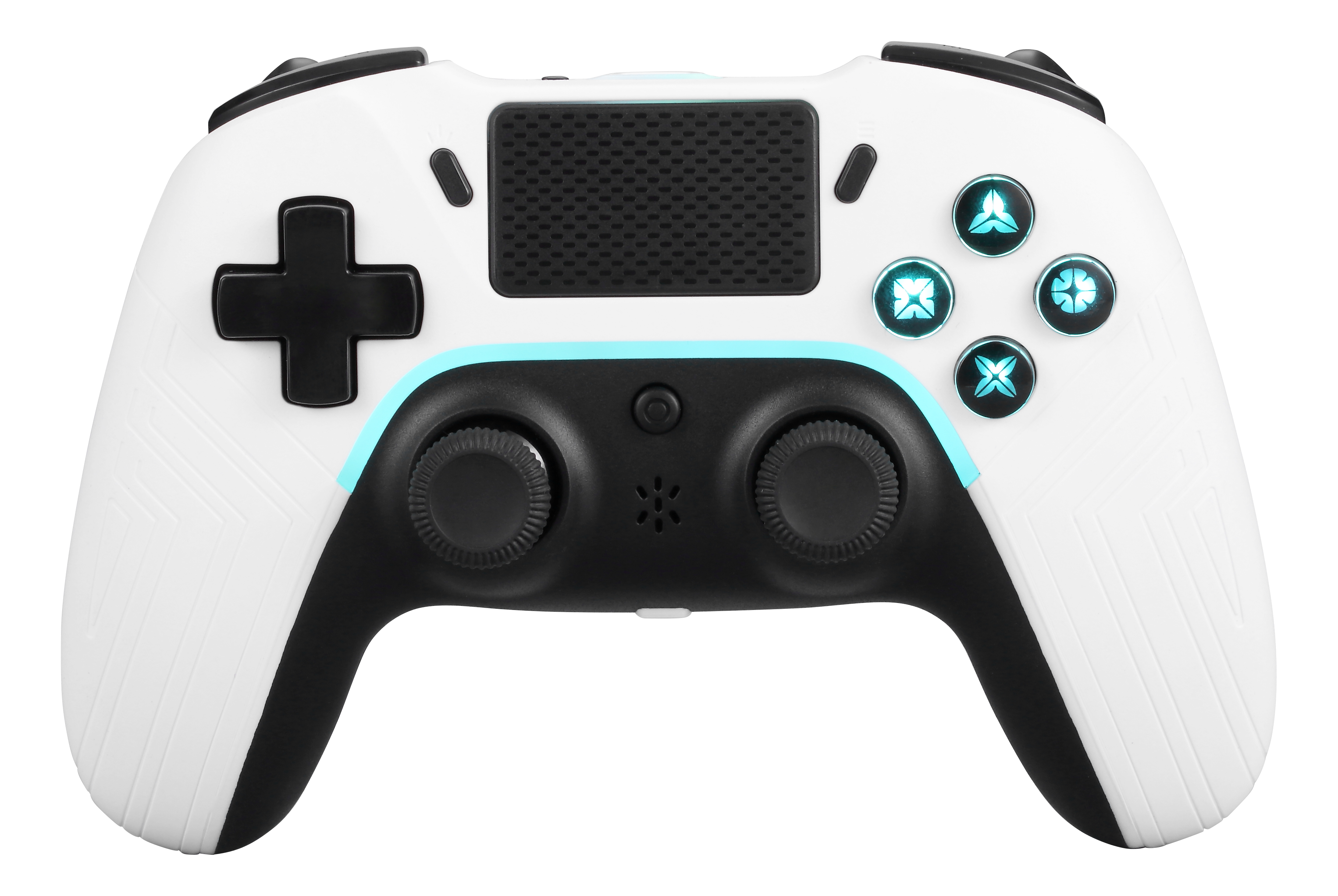 White and black game controller with lit buttons. Has a directional pad and two joysticks.