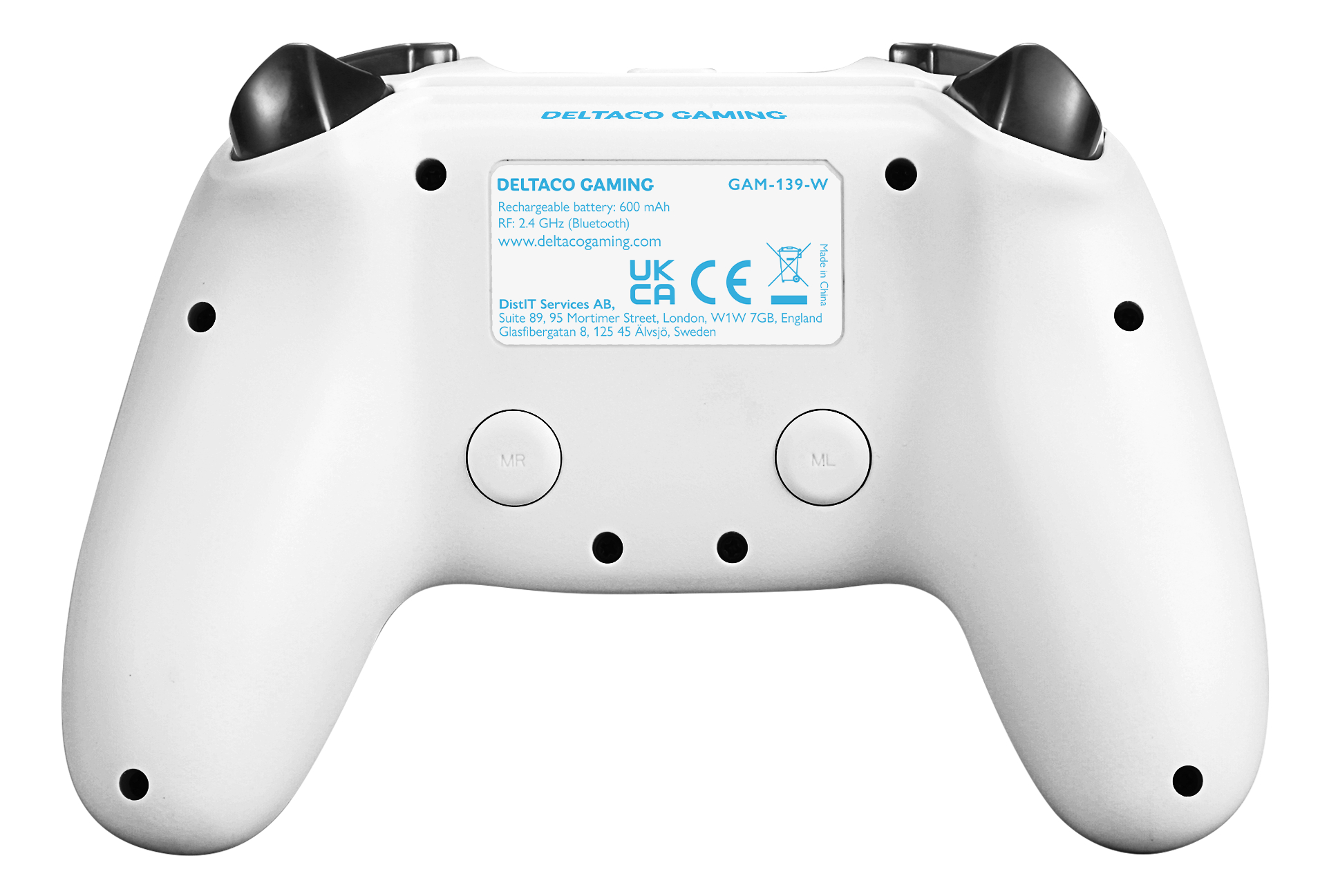 White gamepad, with buttons on the back. Text says: Deltaco Gaming.