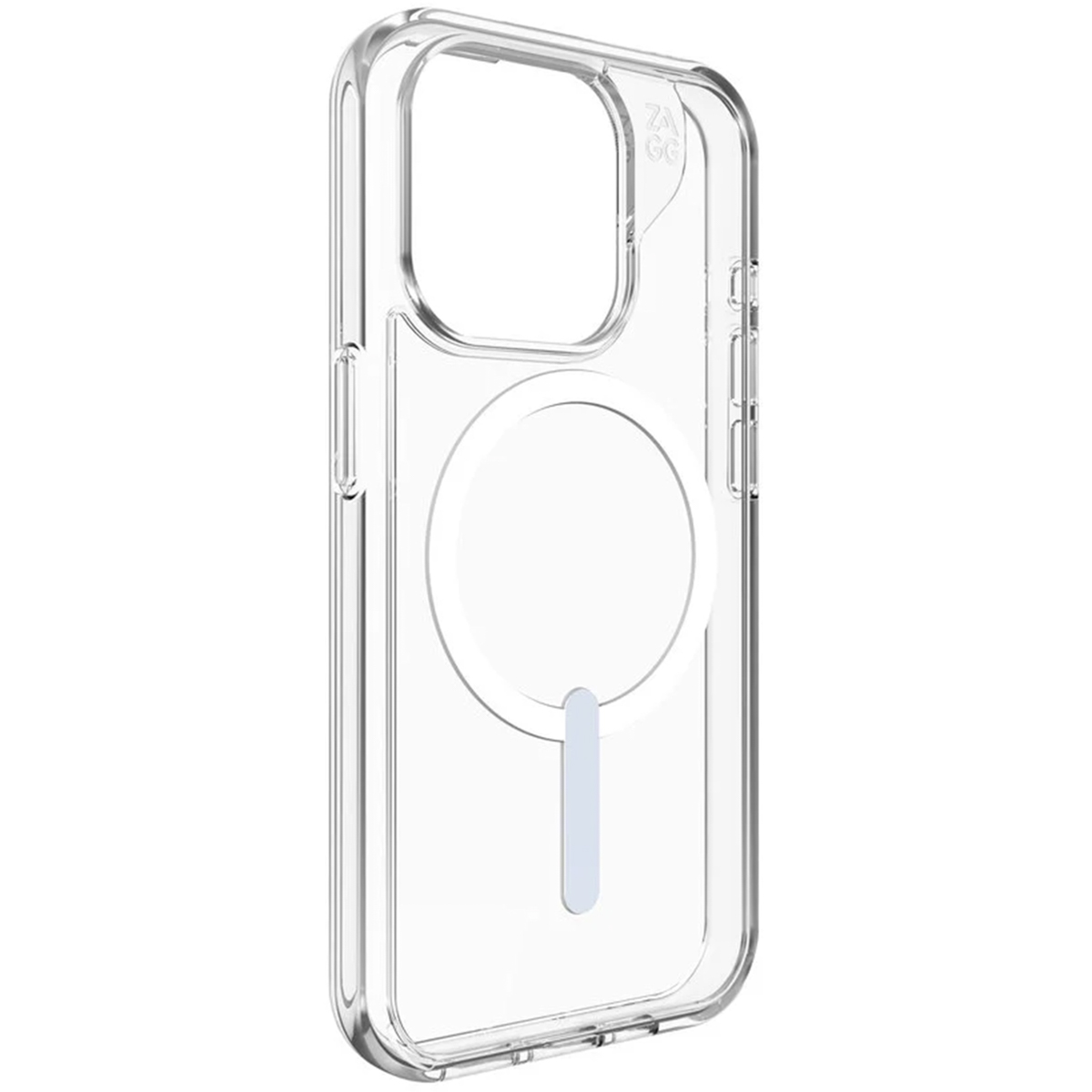 Funda transparente para iPhone con un anillo MagSafe blanco y una pestaña azul.