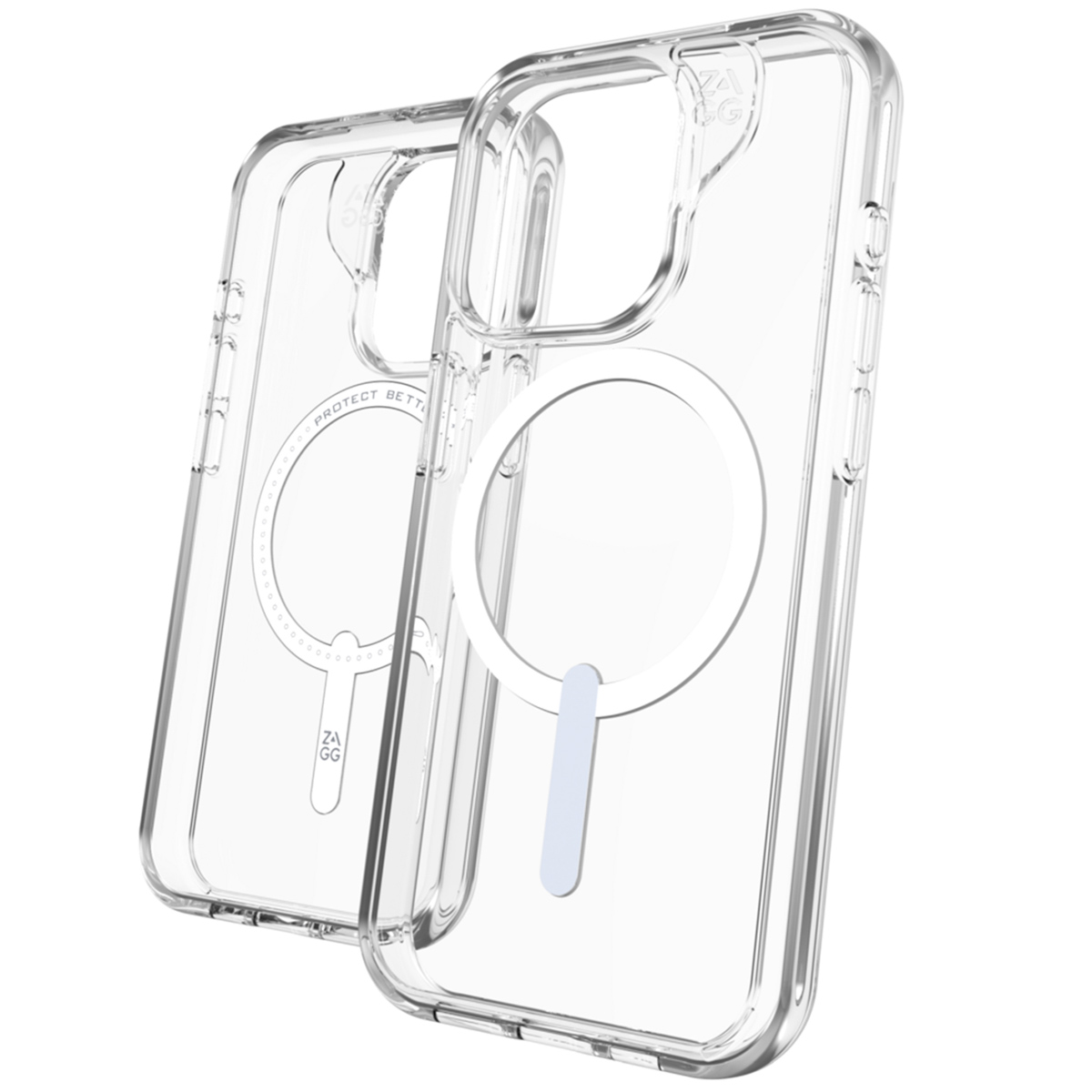 Dos fundas transparentes para teléfono, mostrando el exterior e interior. Círculo blanco y franja blanca visibles.