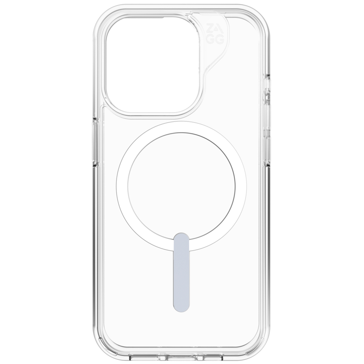 Una funda de teléfono transparente. Tiene un imán circular y una abertura rectangular. Fondo blanco.