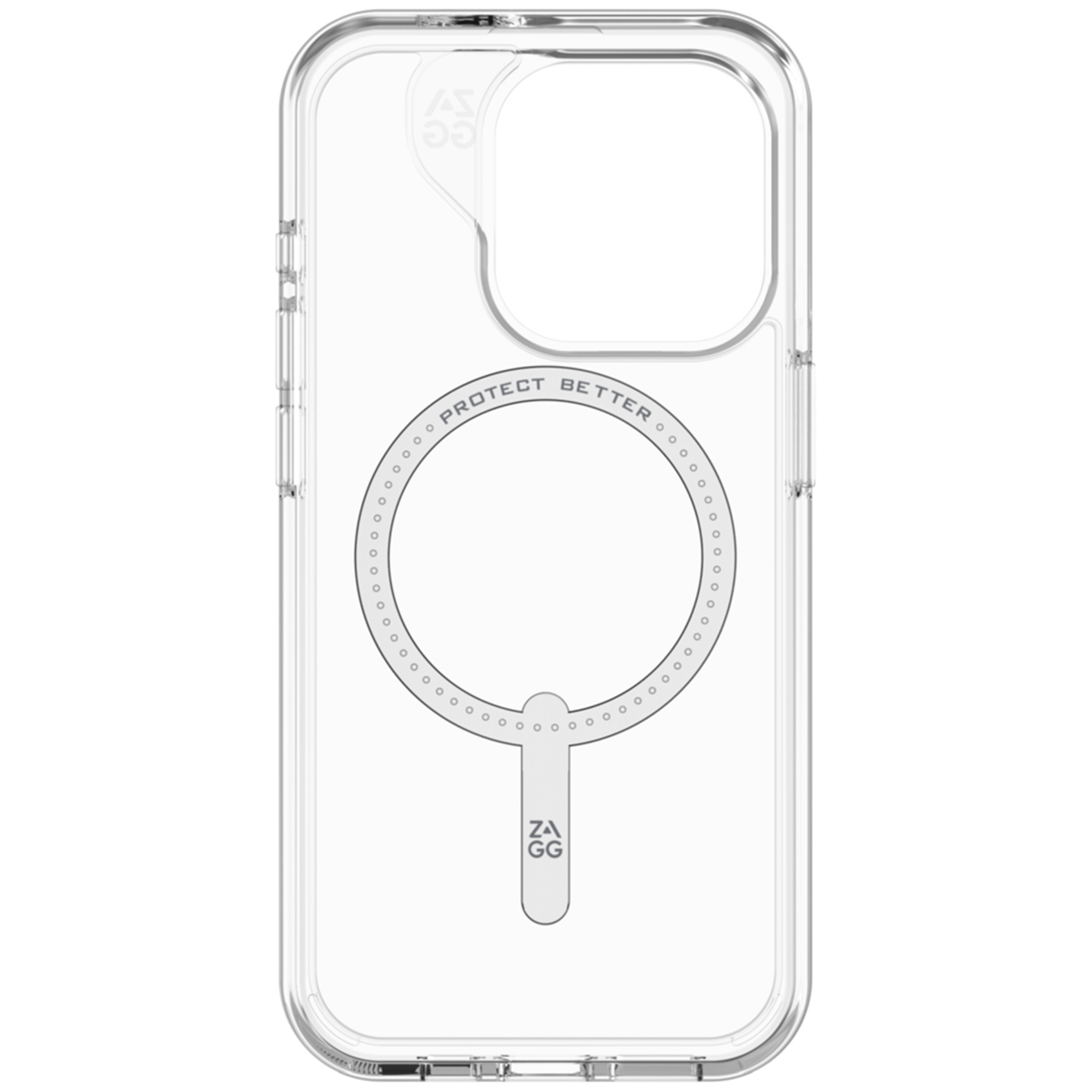 Funda transparente para iPhone con anillo MagSafe y marca.