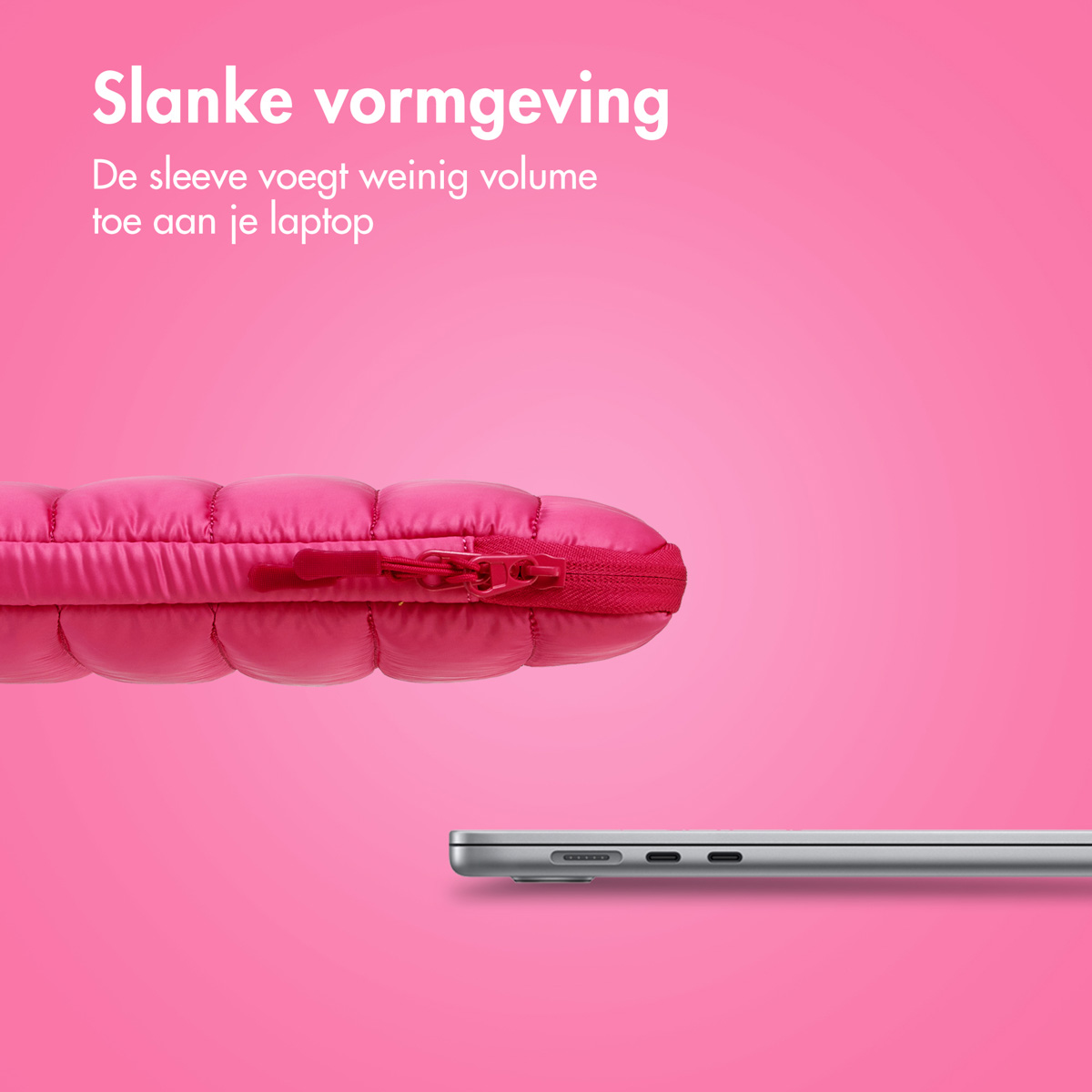 Pink laptop sleeve and silver laptop on pink background. Zipper is red.
