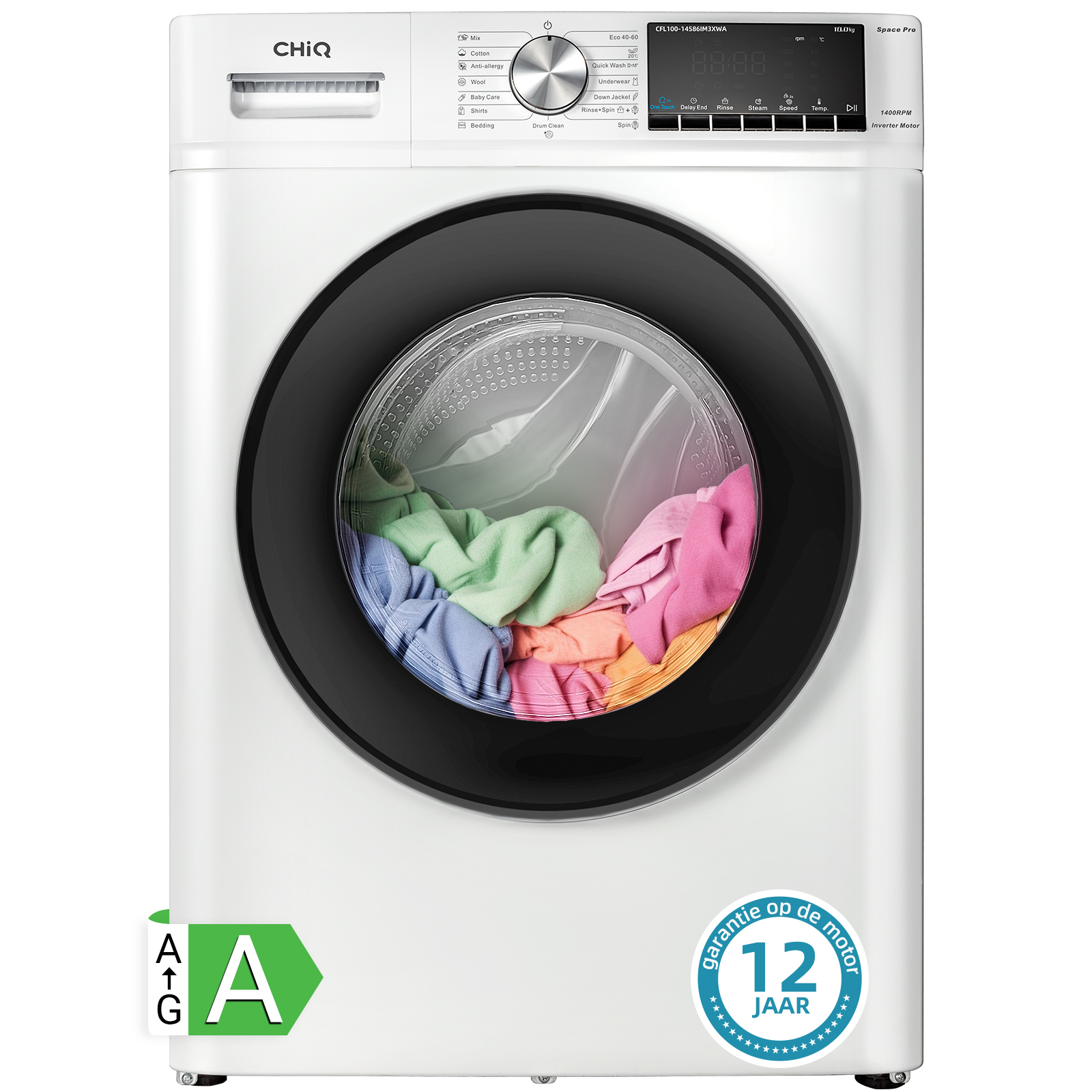 Lave-linge blanc avec porte noire, rempli de vêtements colorés. La marque 'CHiQ' est visible.