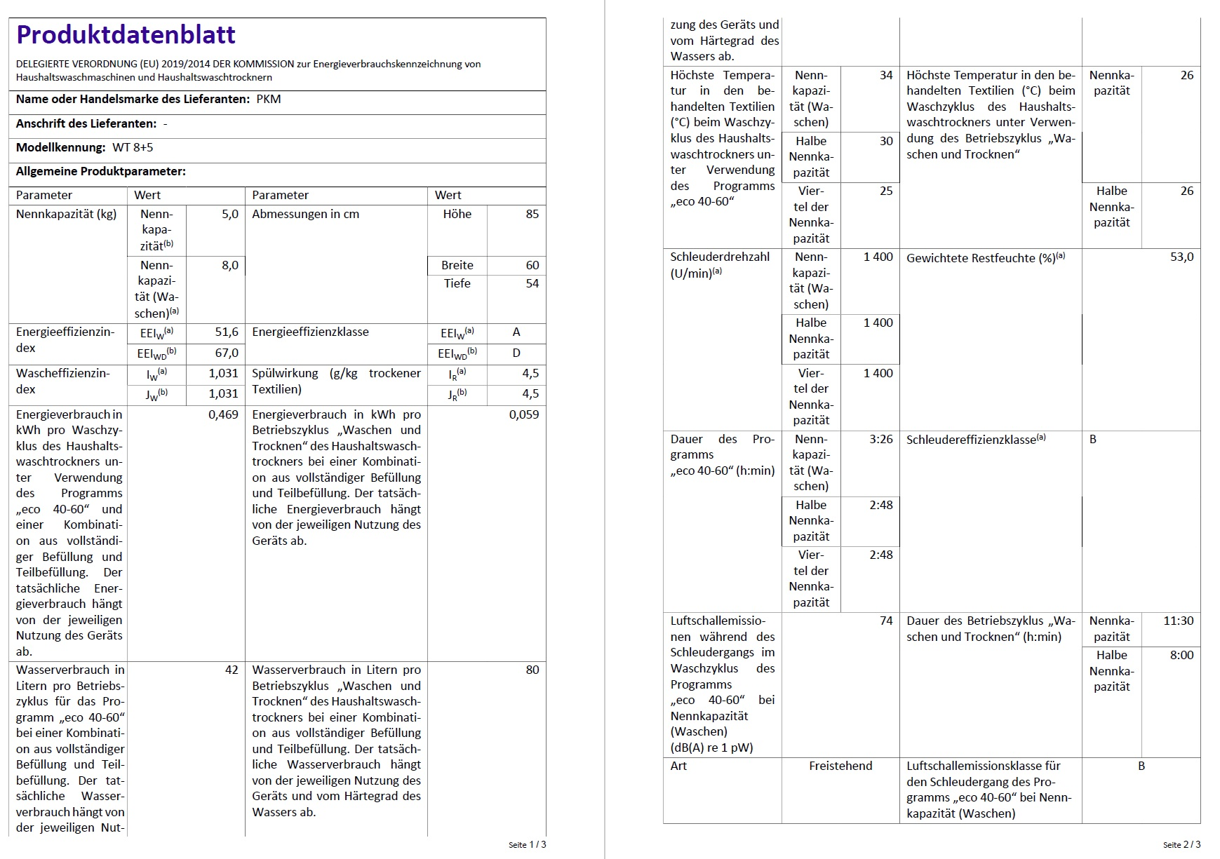 Zwei Seiten mit Tabellen mit Daten. Text in Deutsch: Produktdatenblatt, Einzelheiten der Kommission. Enthält technische Spezifikationen.