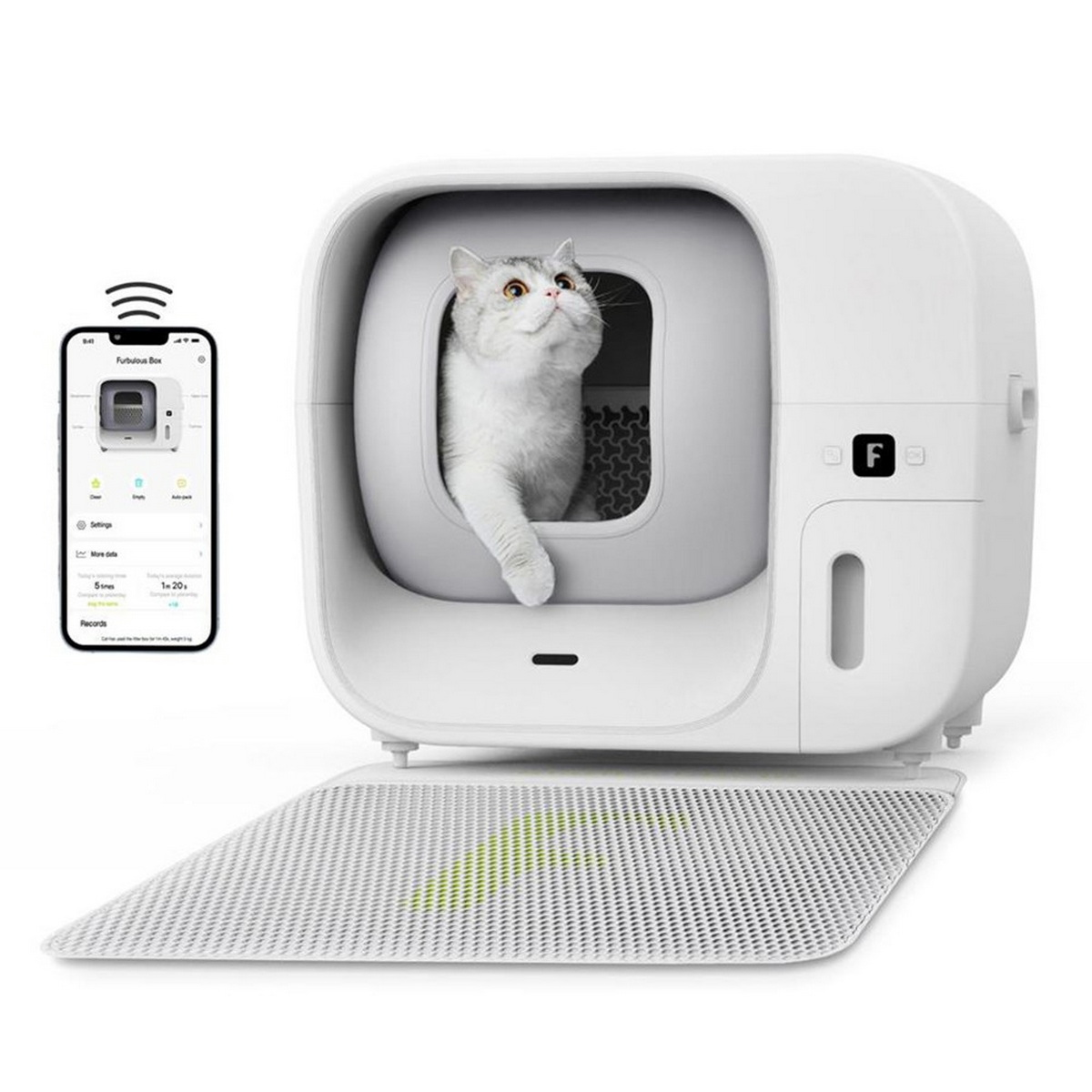 Gato blanco en una caja de arena inteligente blanca. Un teléfono muestra controles de la app.