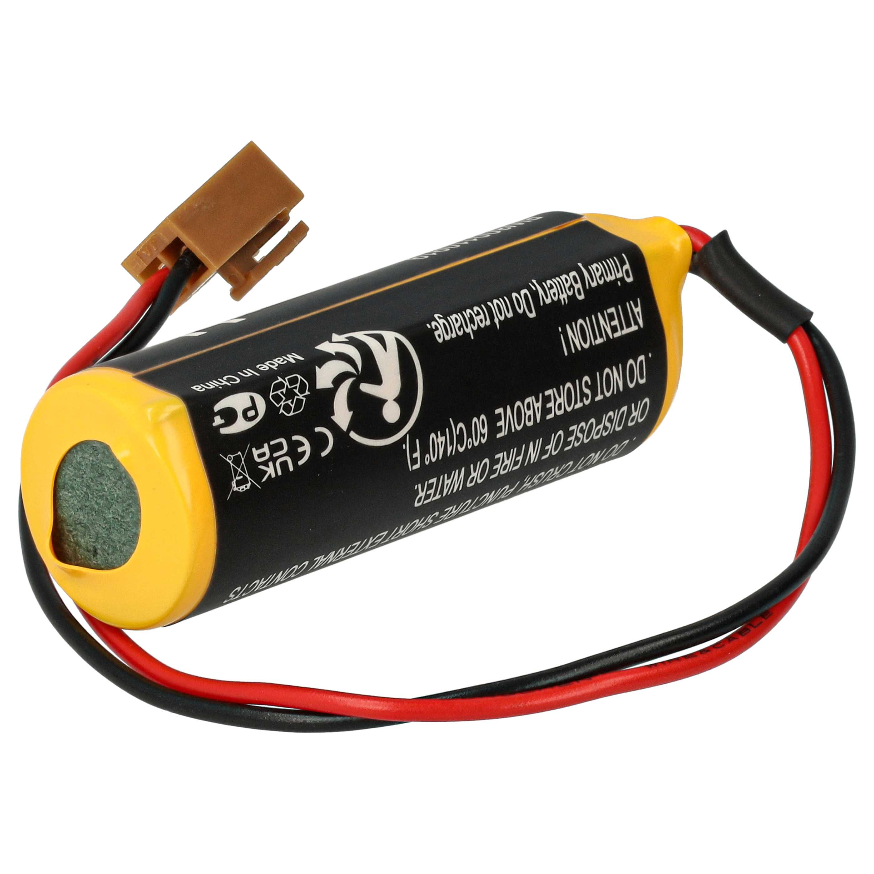 Eine gelb-schwarze Batterie mit roten und schwarzen Drähten.
