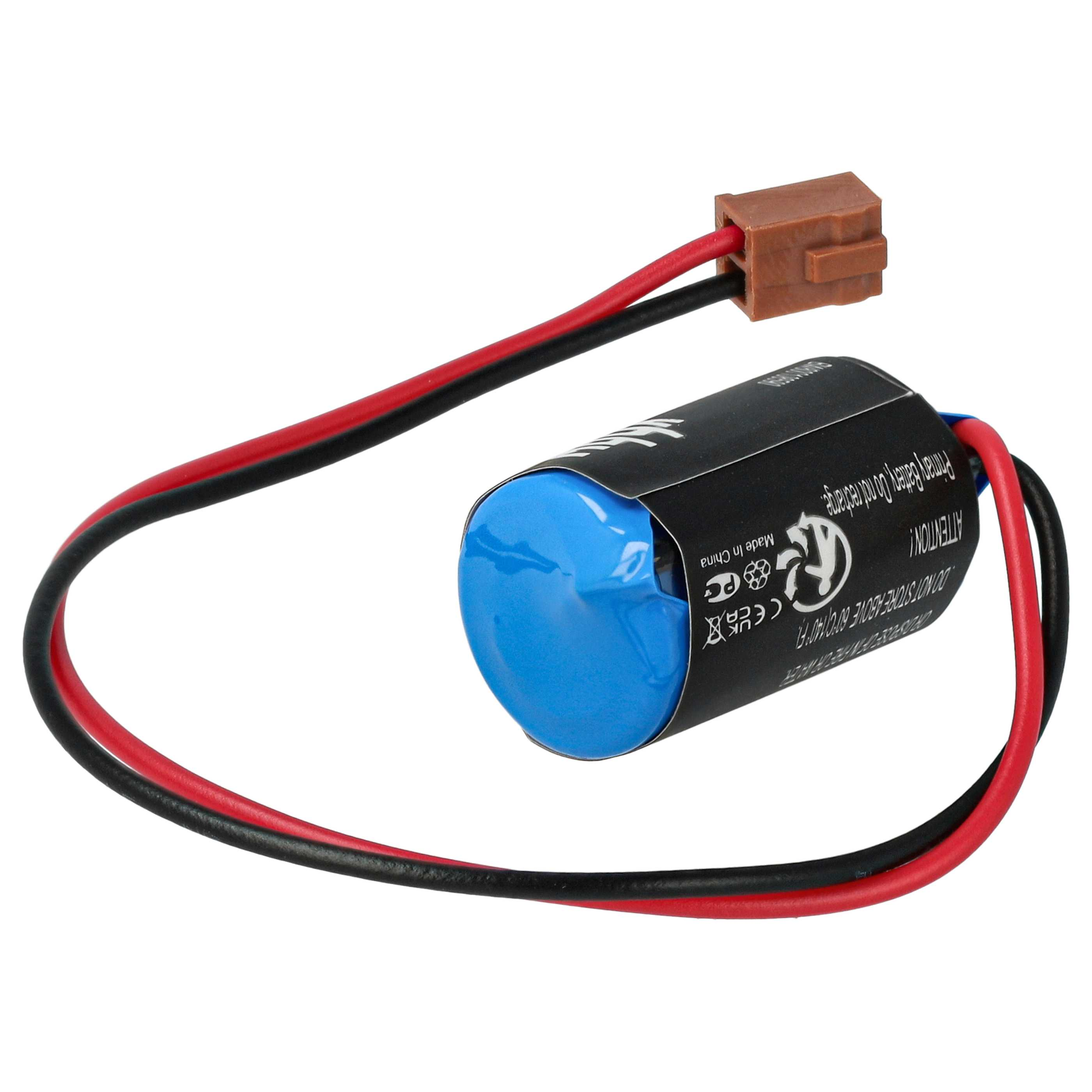 Eine zylindrische blaue Batterie mit roten und schwarzen Drähten, die daran angeschlossen sind.
