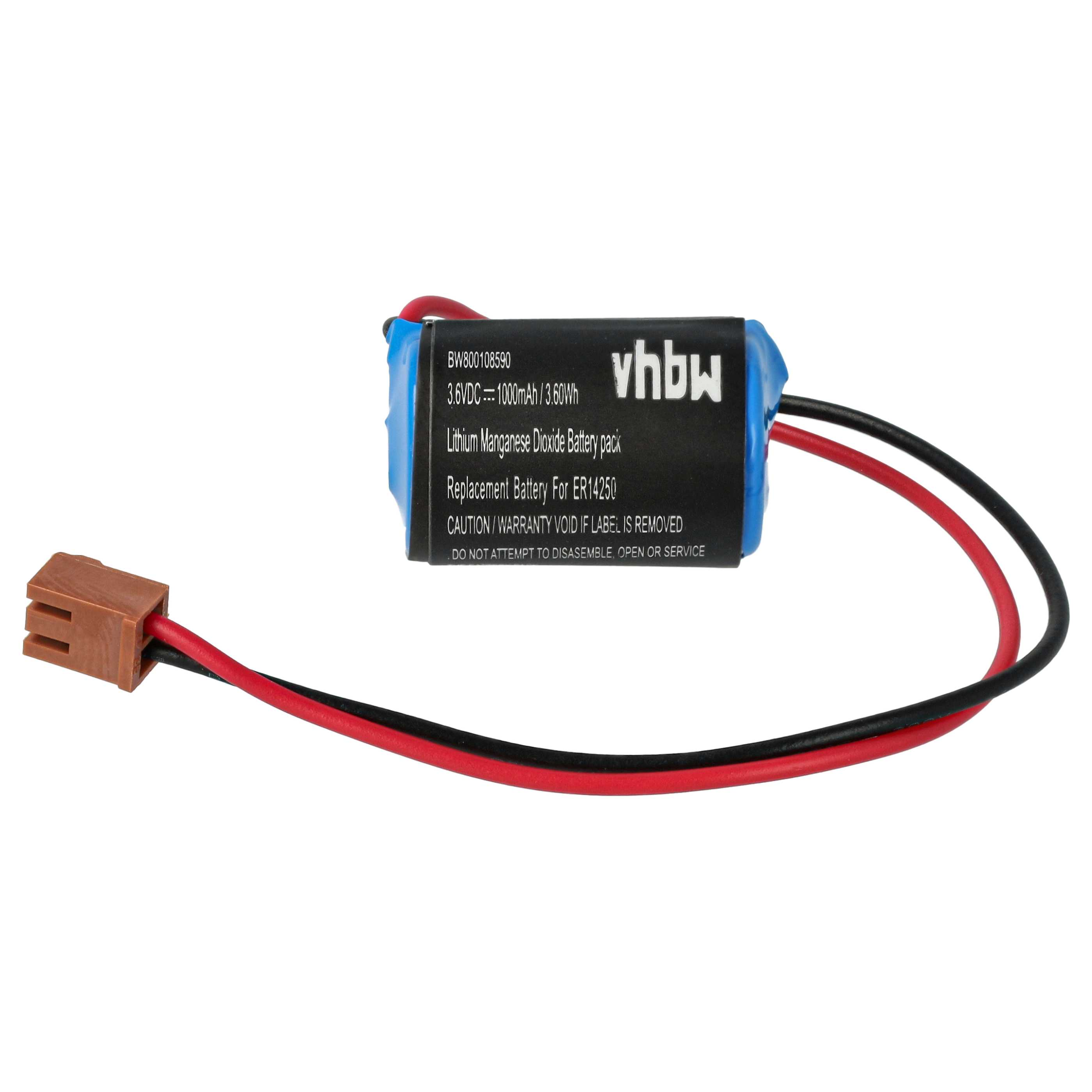 Ein kleiner Lithium-Mangan-Dioxid-Akku mit Kabeln und Stecker.