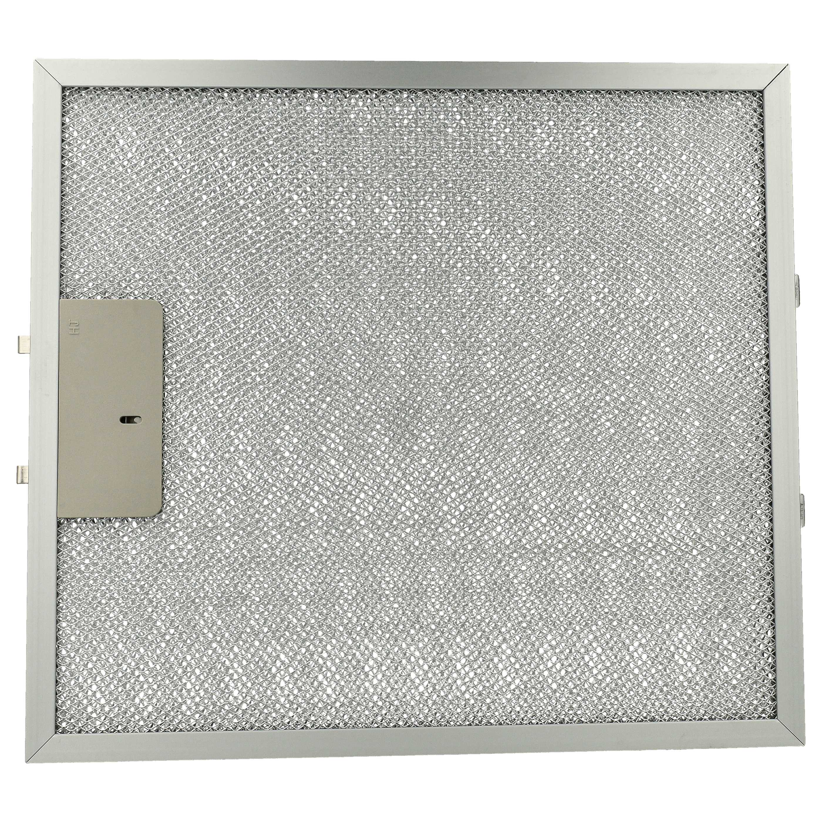 Ein silberfarbener Dunstabzugsfilter in einem silberfarbenen Rahmen. Ein kleines graues Teil ist links befestigt.