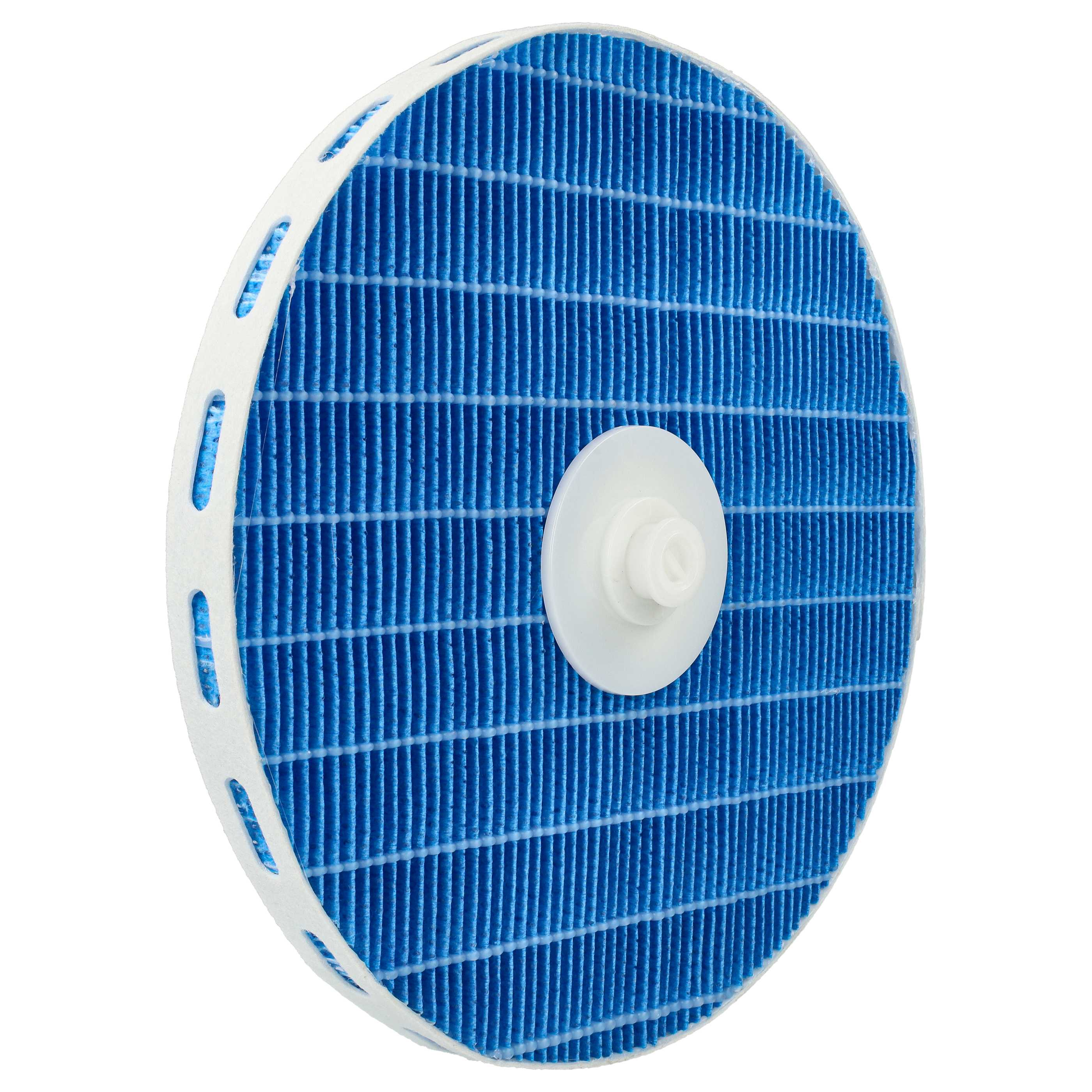 Runder blauer Luftfilter mit weißem Rahmen. Zentrales weißes Stück. Das Gitter des Filters ist sichtbar.