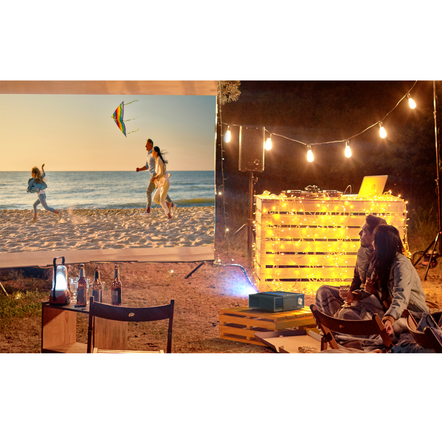 Rodzina bawiąca się na plaży, ekran wyświetlający film i grupa przy ognisku.