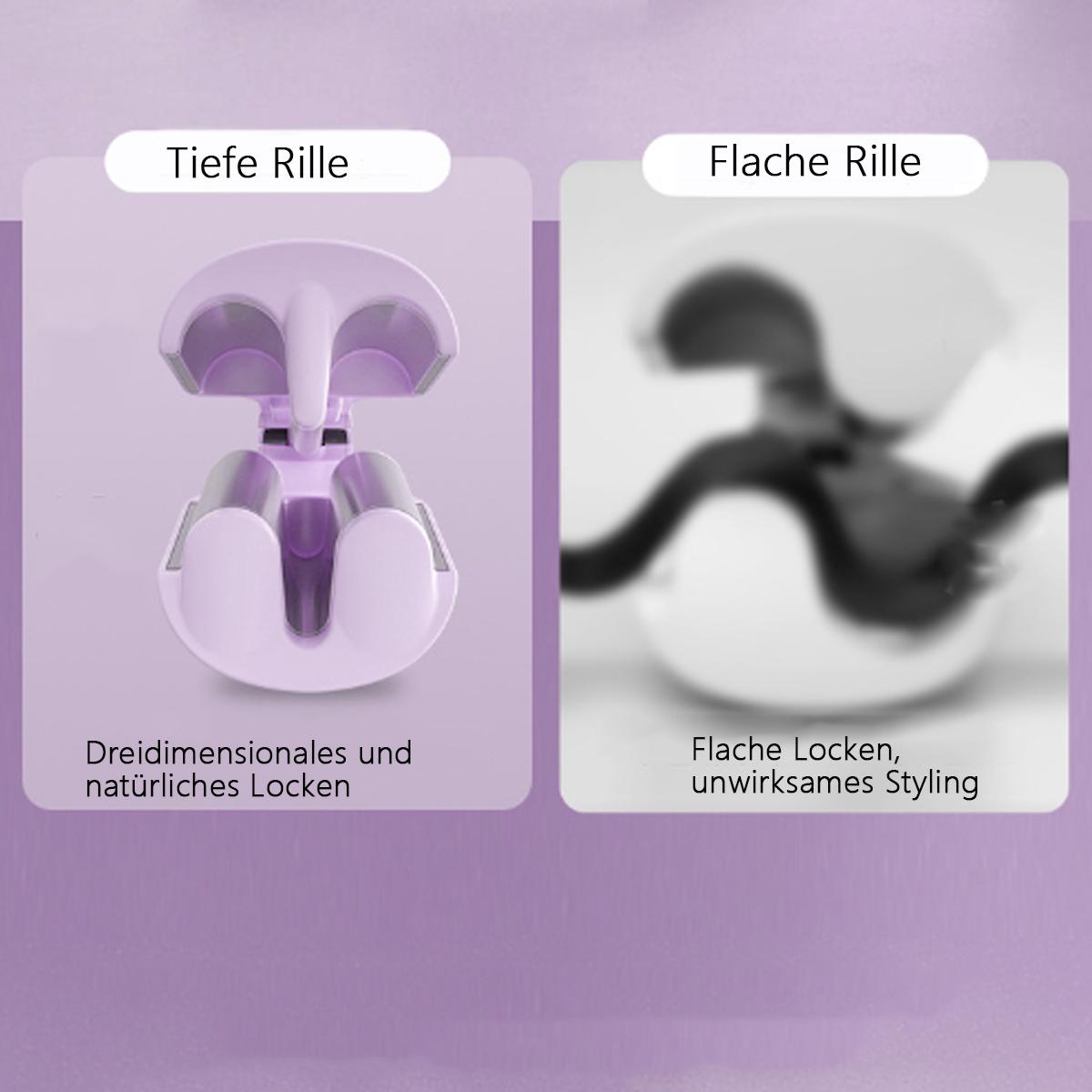 Zwei Lockenwickler, einer mit tiefen Rillen und einer mit flachen Rillen, Text auf Deutsch.