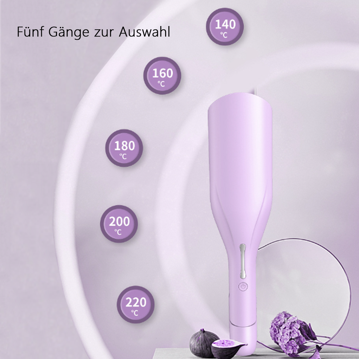 Ein lilafarbener Lockenstab mit Temperatureinstellungen, einer Feige und einer Blume zur Dekoration.