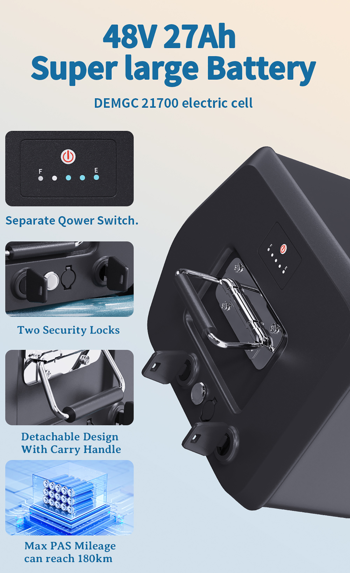 Czarny akumulator z uchwytem, zamkami i wskaźnikami.