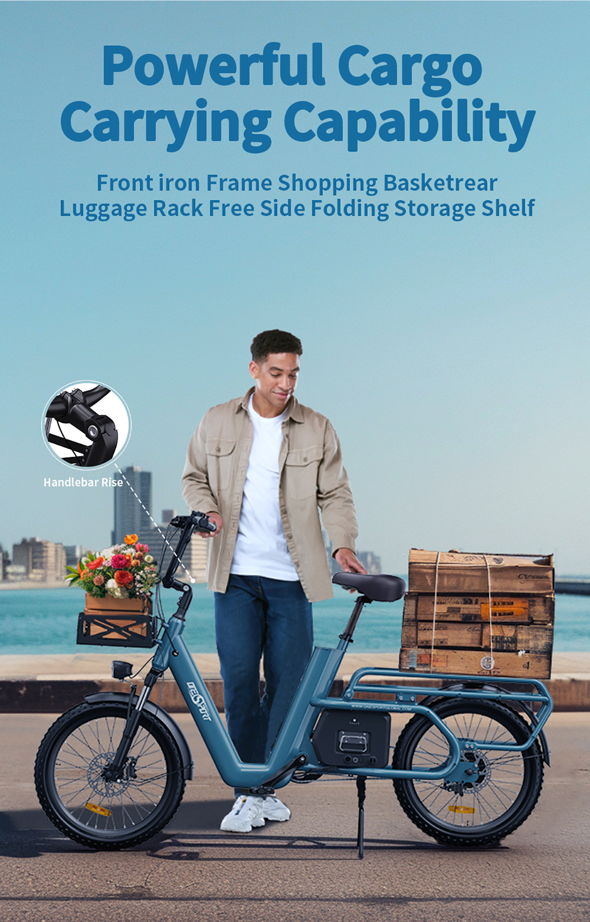 Mężczyzna z rowerem cargo, kwiaty w koszu, drewniana skrzynia. Niebieski rower, mężczyzna w beżowej kurtce.