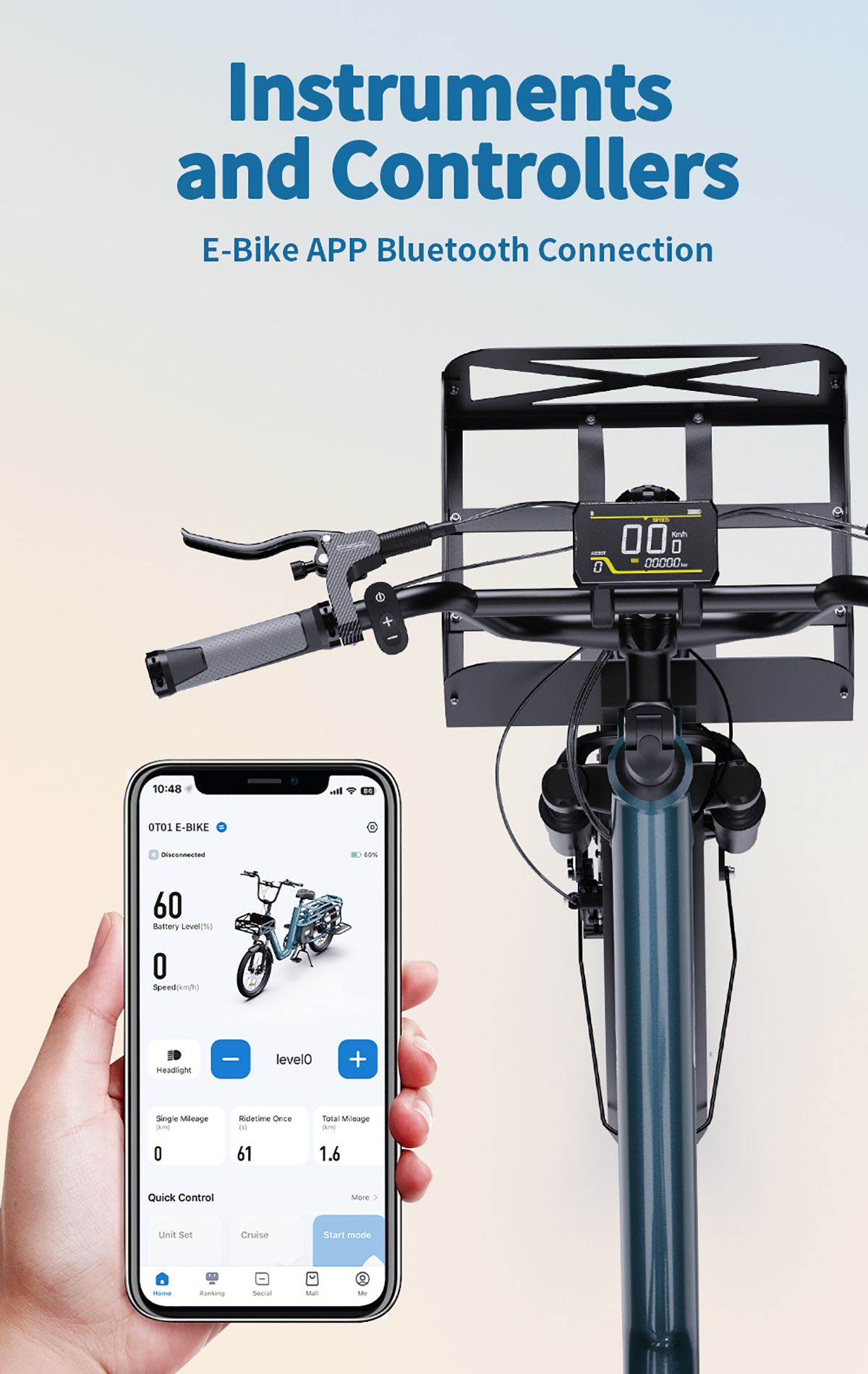 Rower elektryczny z telefonem pokazującym interfejs aplikacji, z tekstem: Instrumenty i kontrolery.