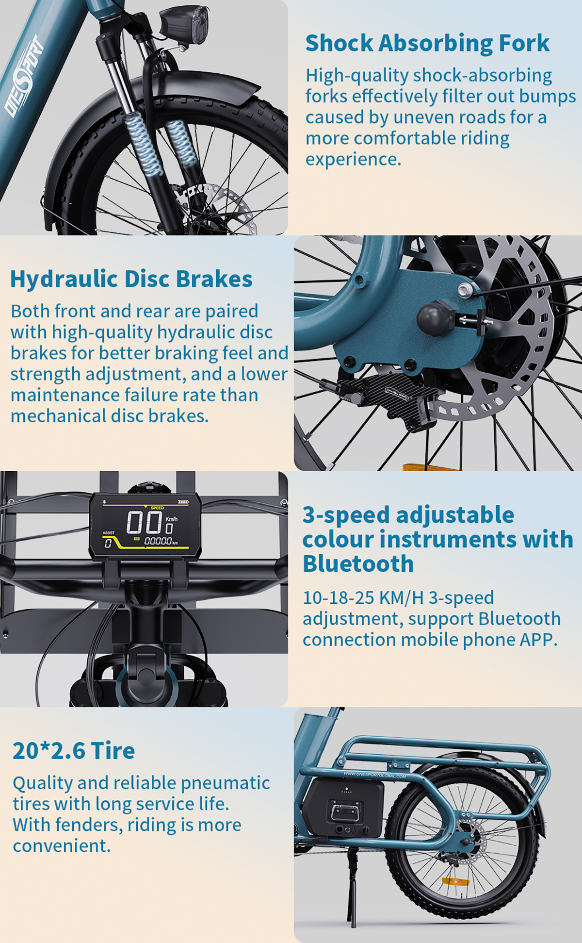 Szczegółowy widok niebieskiego roweru. Najważniejsze cechy: widelec amortyzowany, hamulce tarczowe, wyświetlacz cyfrowy.