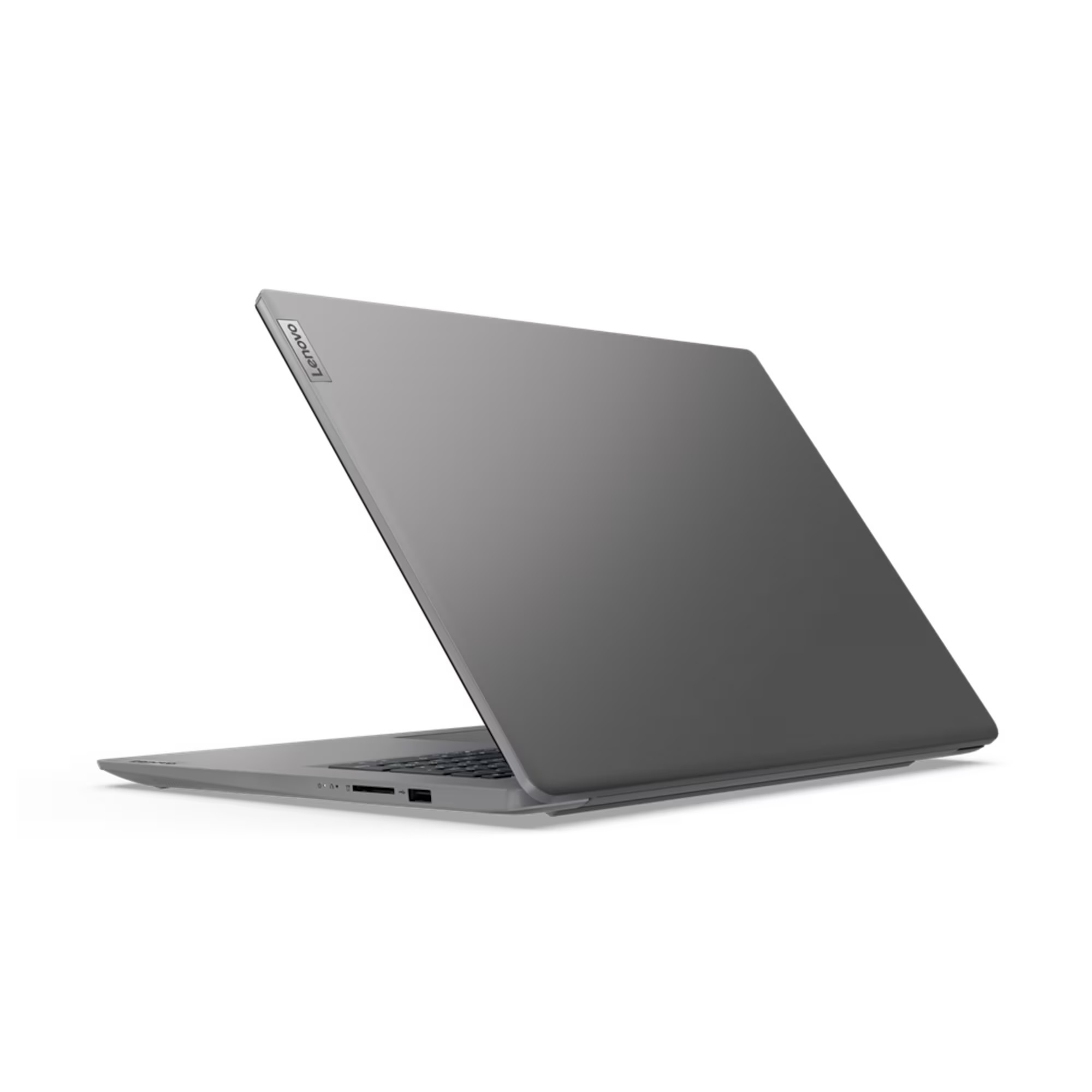 Grauer Laptop, von hinten geöffnet, zeigt das Lenovo-Logo und die Rückseite.
