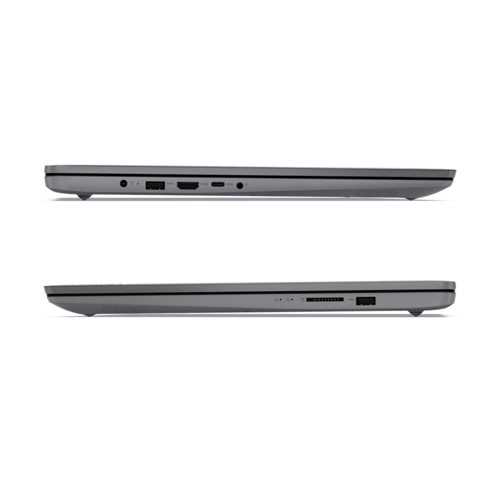 Zwei graue Laptops, Seitenansicht, zeigen Anschlüsse und Details an den Kanten.